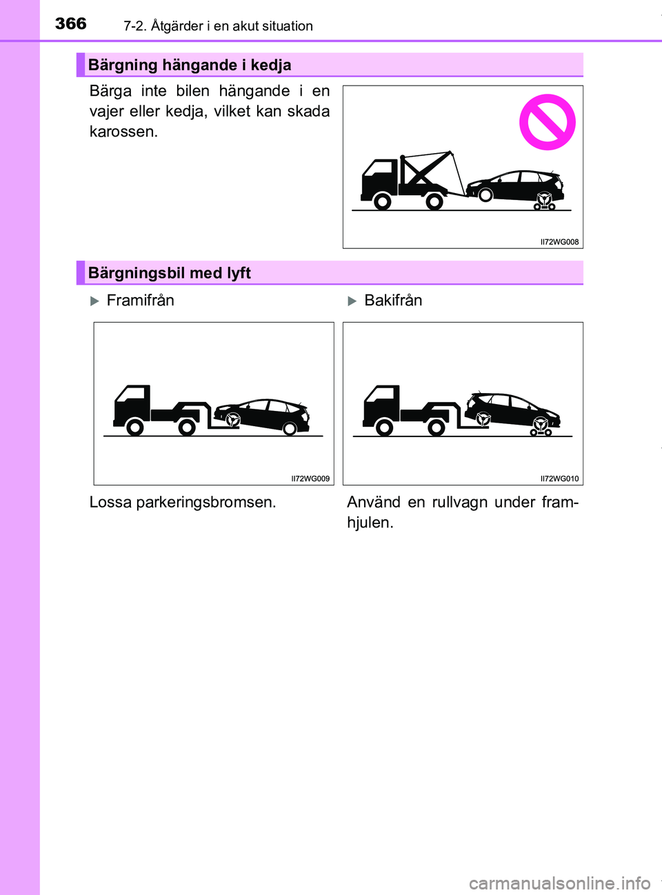 TOYOTA PRIUS PLUS 2019 Bruksanvisningar (in Swedish) 3667-2. Åtgärder i en akut situation
PRIUS +_OM47D30SE
Bärga inte bilen hängande i en
vajer eller kedja, vilket kan skada
karossen.
Bärgning hängande i kedja
Bärgningsbil med lyft
Framifrån TOYOTA PRIUS PLUS 2019 Bruksanvisningar (in Swedish) 3667-2. Åtgärder i en akut situation
PRIUS +_OM47D30SE
Bärga inte bilen hängande i en
vajer eller kedja, vilket kan skada
karossen.
Bärgning hängande i kedja
Bärgningsbil med lyft
Framifrån