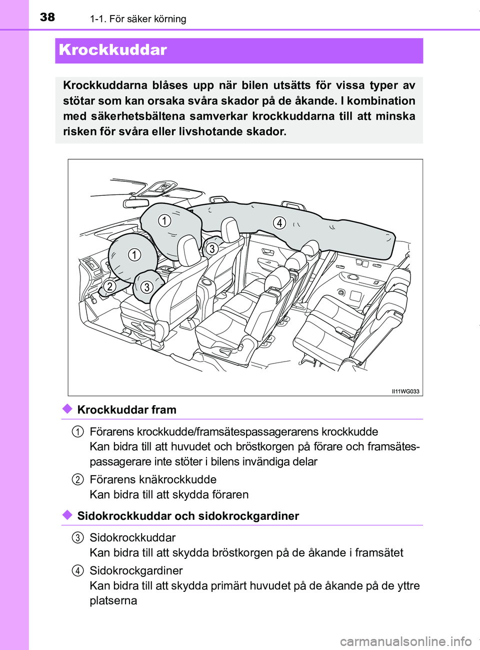 TOYOTA PRIUS PLUS 2019 Bruksanvisningar (in Swedish) 381-1. För säker körning
PRIUS +_OM47D30SE
Krockkuddar
uKrockkuddar framFörarens krockkudde/framsätespassagerarens krockkudde
Kan bidra till att huvudet och bröstkorgen på förare och framsäte TOYOTA PRIUS PLUS 2019 Bruksanvisningar (in Swedish) 381-1. För säker körning
PRIUS +_OM47D30SE
Krockkuddar
uKrockkuddar framFörarens krockkudde/framsätespassagerarens krockkudde
Kan bidra till att huvudet och bröstkorgen på förare och framsäte