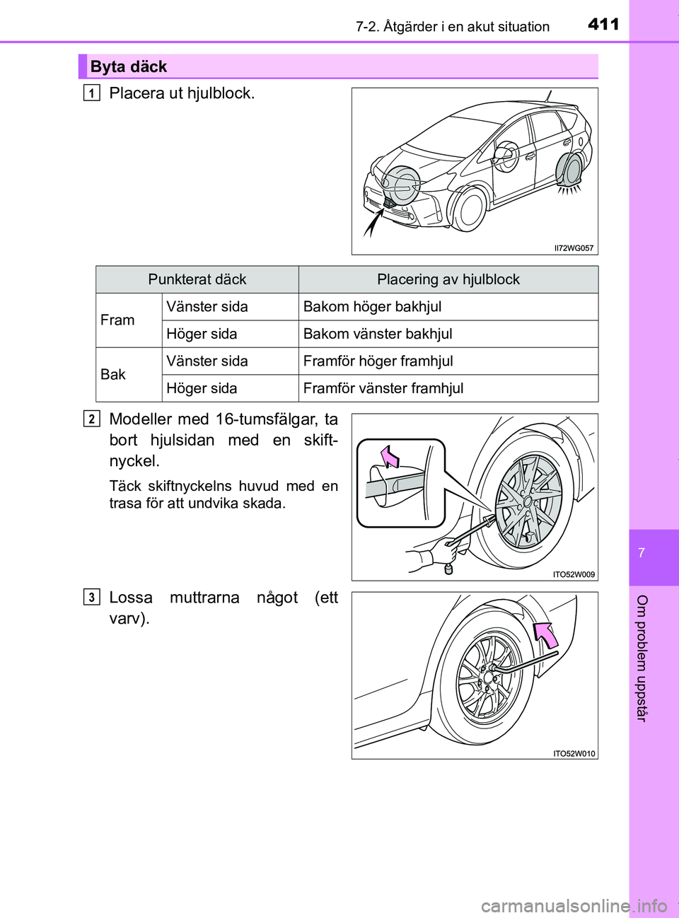 TOYOTA PRIUS PLUS 2019 Bruksanvisningar (in Swedish) 4117-2. Åtgärder i en akut situation
PRIUS +_OM47D30SE
7
Om problem uppstår
Placera ut hjulblock.
Modeller med 16-tumsfälgar, ta
bort hjulsidan med en skift-
nyckel.
Täck skiftnyckelns huvud med TOYOTA PRIUS PLUS 2019 Bruksanvisningar (in Swedish) 4117-2. Åtgärder i en akut situation
PRIUS +_OM47D30SE
7
Om problem uppstår
Placera ut hjulblock.
Modeller med 16-tumsfälgar, ta
bort hjulsidan med en skift-
nyckel.
Täck skiftnyckelns huvud med
