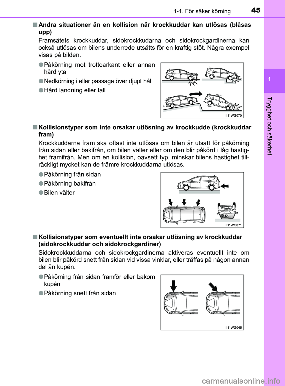 TOYOTA PRIUS PLUS 2019 Bruksanvisningar (in Swedish) 451-1. För säker körning
1
PRIUS +_OM47D30SE
Trygghet och säkerhet
nAndra situationer än en kollisio n när krockkuddar kan utlösas (blåsas
upp)
Framsätets krockkuddar, sidokrockkudarna och si TOYOTA PRIUS PLUS 2019 Bruksanvisningar (in Swedish) 451-1. För säker körning
1
PRIUS +_OM47D30SE
Trygghet och säkerhet
nAndra situationer än en kollisio n när krockkuddar kan utlösas (blåsas
upp)
Framsätets krockkuddar, sidokrockkudarna och si