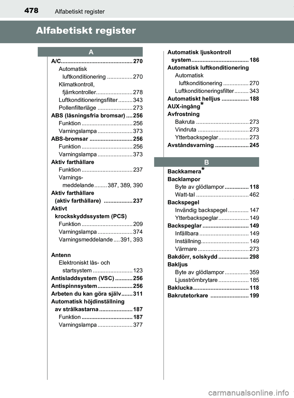 TOYOTA PRIUS PLUS 2019  Bruksanvisningar (in Swedish) 478Alfabetiskt register
PRIUS +_OM47D30SE
Alfabetiskt register
A/C............................................. 270Automatisk 
luftkonditionering ................ 270
Klimatkontroll,  fjärrkontroller