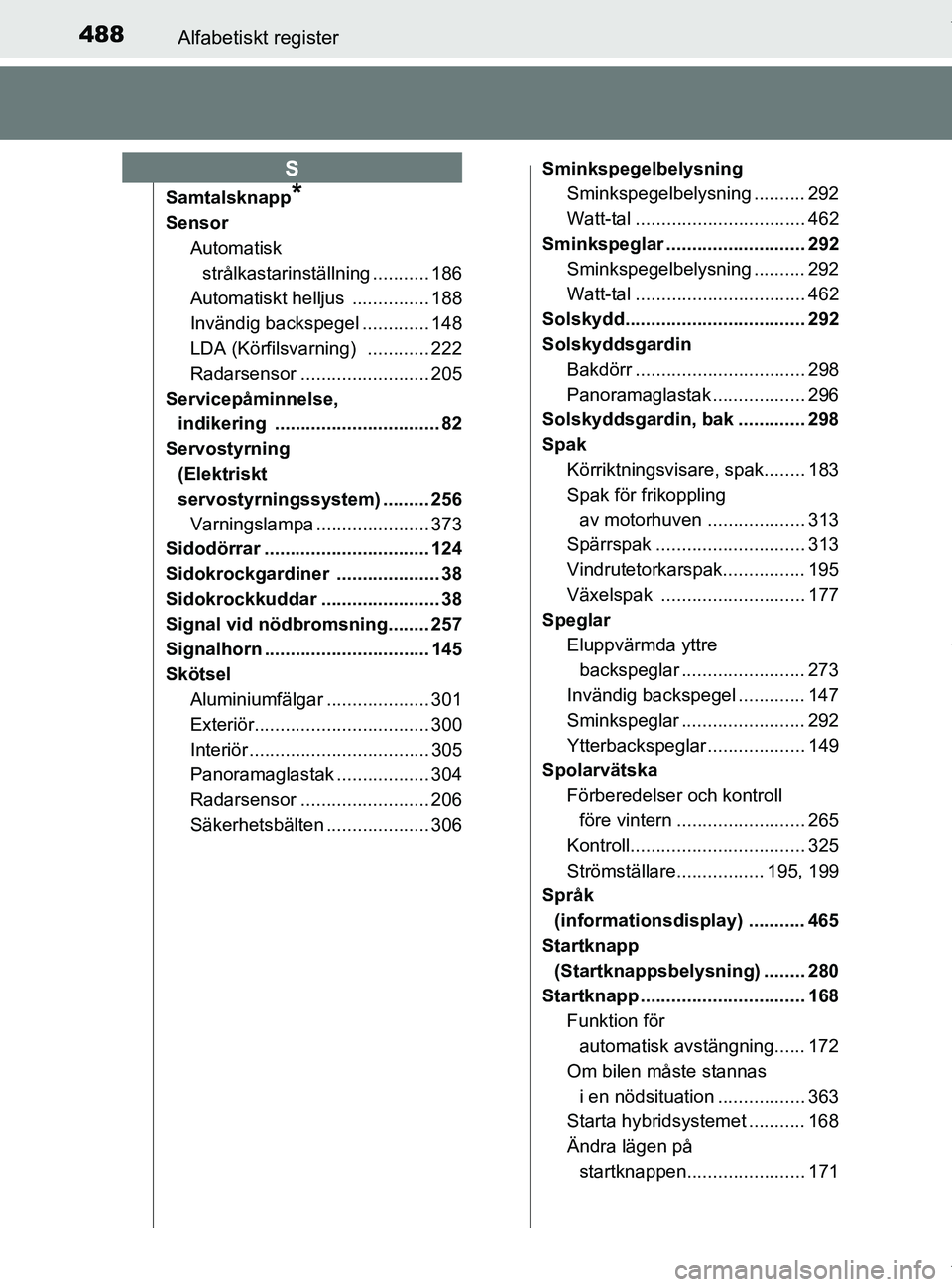 TOYOTA PRIUS PLUS 2019  Bruksanvisningar (in Swedish) 488Alfabetiskt register
PRIUS +_OM47D30SE
Samtalsknapp*
SensorAutomatisk strålkastarinställning ........... 186
Automatiskt helljus  ............... 188
Invändig backspegel ............. 148
LDA (K