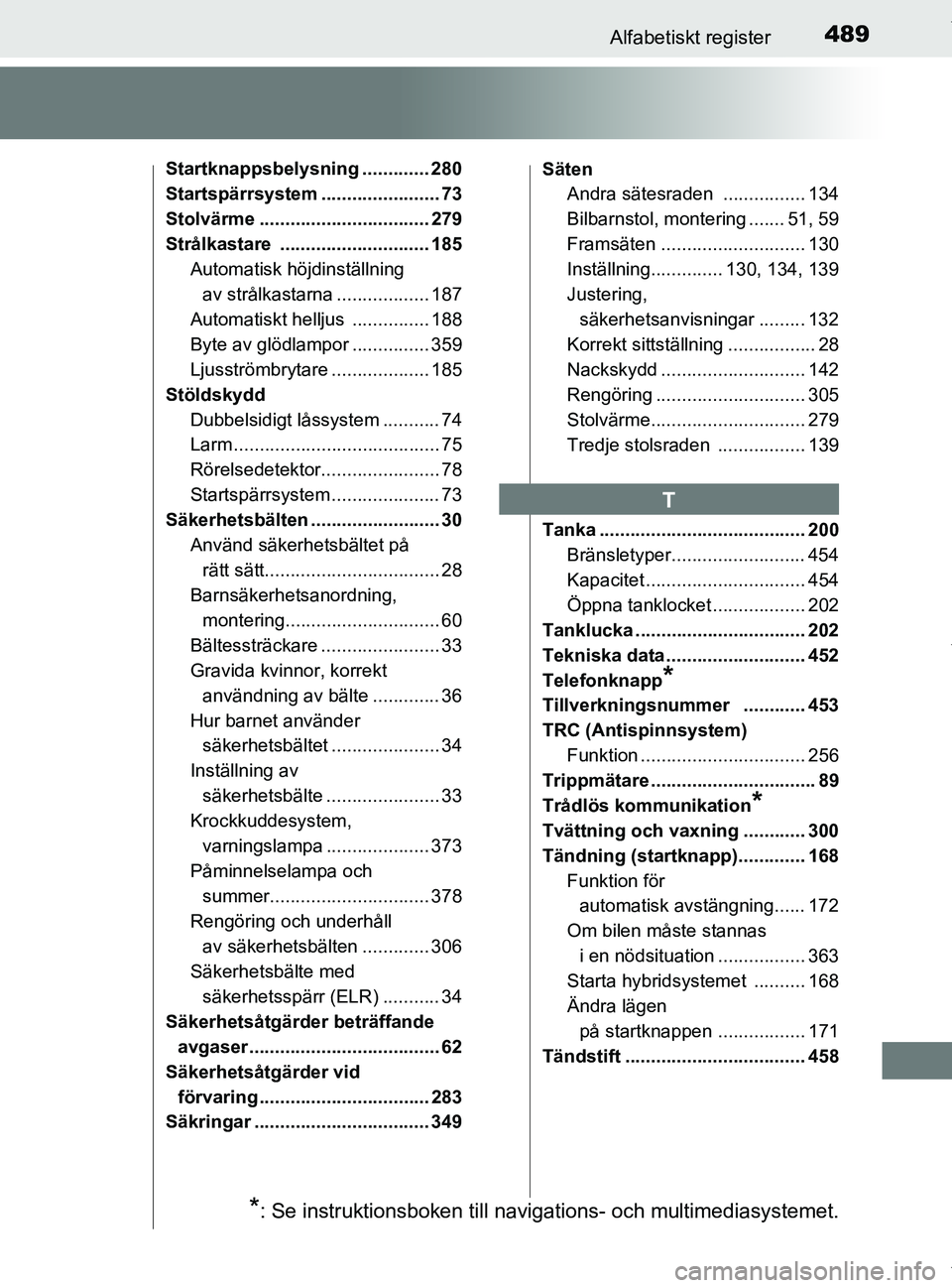 TOYOTA PRIUS PLUS 2019 Bruksanvisningar (in Swedish) 489Alfabetiskt register
PRIUS +_OM47D30SE
Startknappsbelysning ............. 280
Startspärrsystem ....................... 73
Stolvärme ................................. 279
Strålkastare ........... TOYOTA PRIUS PLUS 2019 Bruksanvisningar (in Swedish) 489Alfabetiskt register
PRIUS +_OM47D30SE
Startknappsbelysning ............. 280
Startspärrsystem ....................... 73
Stolvärme ................................. 279
Strålkastare ...........