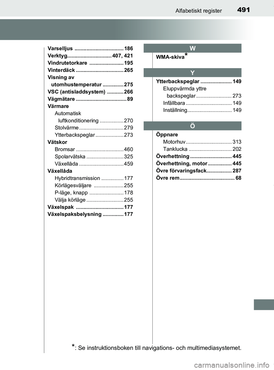 TOYOTA PRIUS PLUS 2019  Bruksanvisningar (in Swedish) 491Alfabetiskt register
PRIUS +_OM47D30SE
Varselljus ................................. 186
Verktyg.............................. 407, 421
Vindrutetorkare ....................... 195
Vinterdäck ......