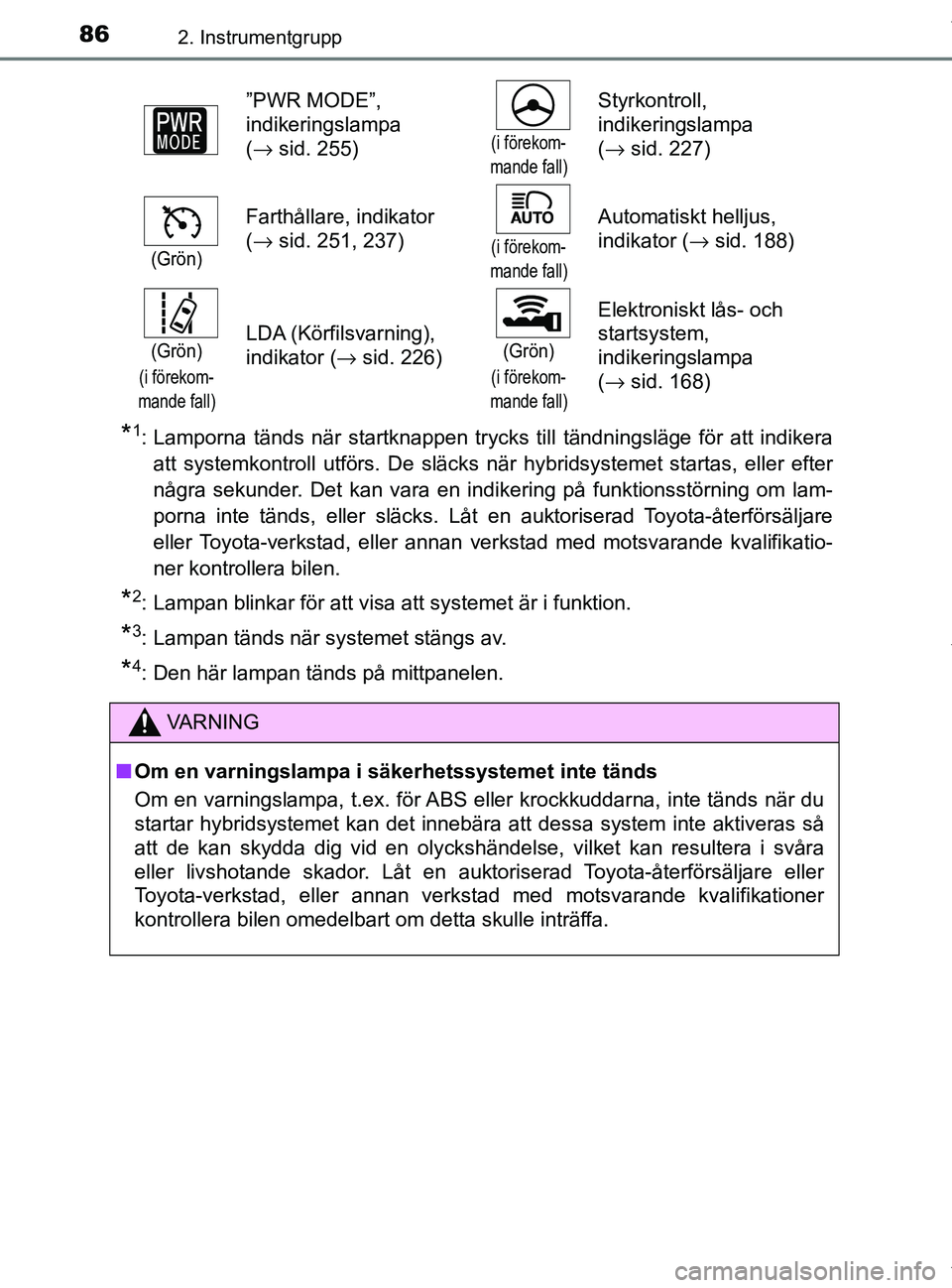 TOYOTA PRIUS PLUS 2019 Bruksanvisningar (in Swedish) 862. Instrumentgrupp
PRIUS +_OM47D30SE
*1: Lamporna tänds när startknappen trycks till tändningsläge för att indikeraatt systemkontroll utförs. De släcks när hybridsystemet startas, eller efte TOYOTA PRIUS PLUS 2019 Bruksanvisningar (in Swedish) 862. Instrumentgrupp
PRIUS +_OM47D30SE
*1: Lamporna tänds när startknappen trycks till tändningsläge för att indikeraatt systemkontroll utförs. De släcks när hybridsystemet startas, eller efte