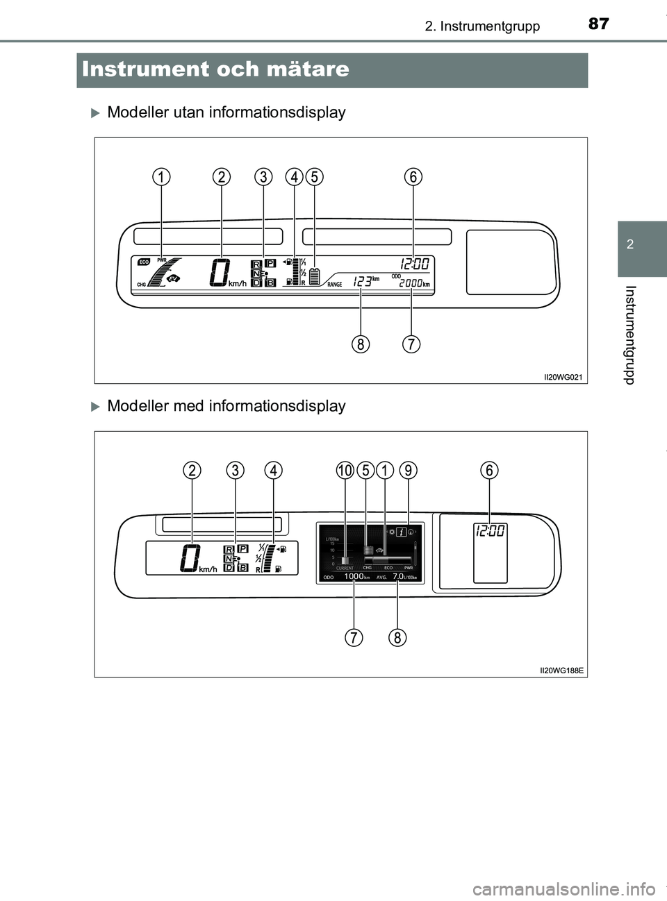 TOYOTA PRIUS PLUS 2019 Bruksanvisningar (in Swedish) 87
2
2. Instrumentgrupp
Instrumentgrupp
PRIUS +_OM47D30SE
Instrument och mätare
Modeller utan informationsdisplay
Modeller med informationsdisplay
PRIUS +_OM47D30SE.book Page 87 Thursday, Apr TOYOTA PRIUS PLUS 2019 Bruksanvisningar (in Swedish) 87
2
2. Instrumentgrupp
Instrumentgrupp
PRIUS +_OM47D30SE
Instrument och mätare
Modeller utan informationsdisplay
Modeller med informationsdisplay
PRIUS +_OM47D30SE.book Page 87 Thursday, Apr
