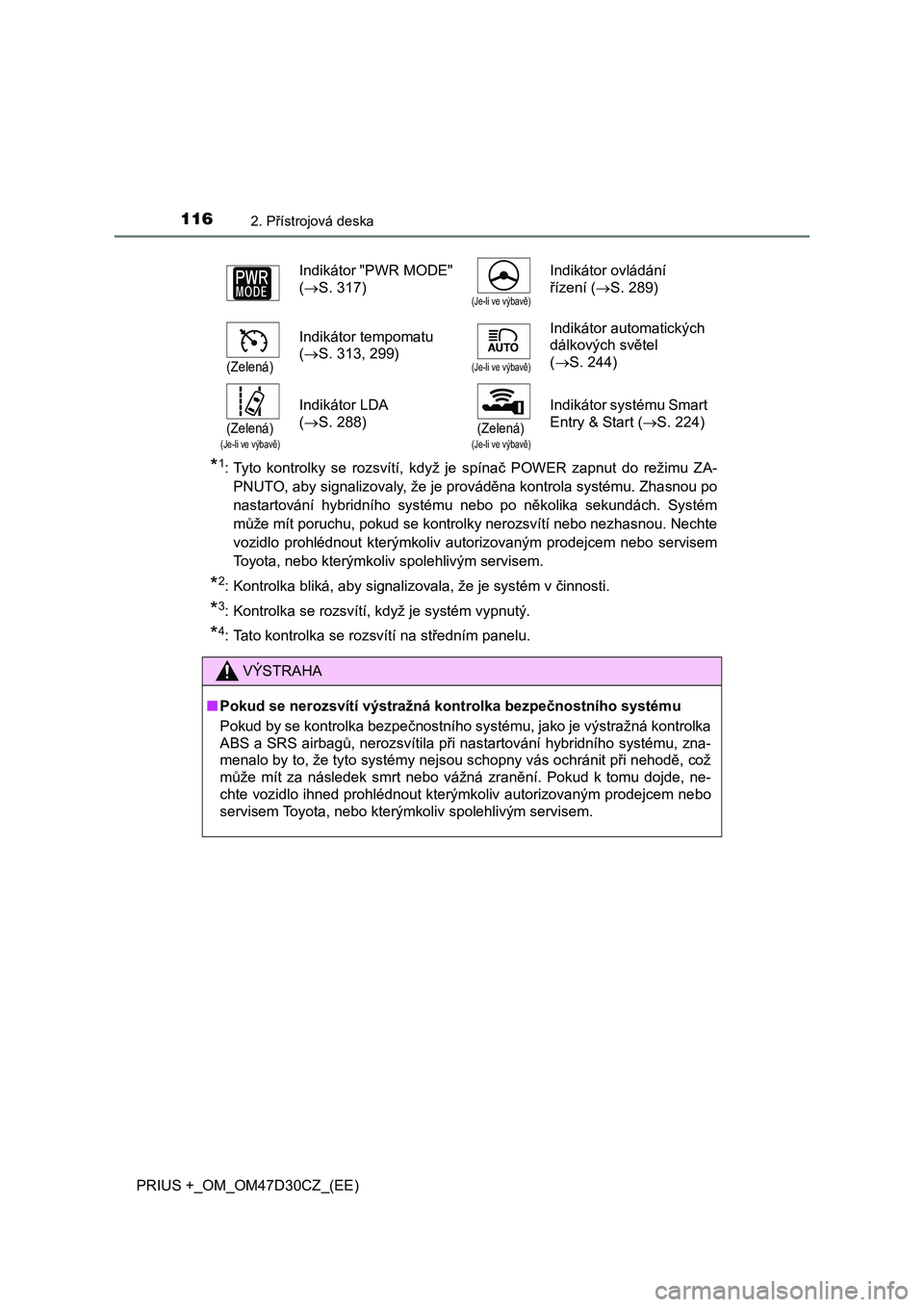 TOYOTA PRIUS PLUS 2019  Návod na použití (in Czech) 1162. Přístrojová deska
PRIUS +_OM_OM47D30CZ_(EE)
*1: Tyto  kontrolky  se  rozsvítí,  když  je  spínač  POWER  zapnut  do  režimu  ZA-
PNUTO, aby signalizovaly, že je prováděna kontrola sy