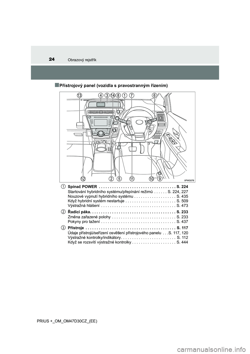 TOYOTA PRIUS PLUS 2019  Návod na použití (in Czech) 24Obrazový rejstřík
PRIUS +_OM_OM47D30CZ_(EE)
■Přístrojový panel (vozidla s pravostranným řízením)
Spínač POWER  . . . . . . . . . . . . . . . . . . . . . . . . . . . . . . . . . . . S. 