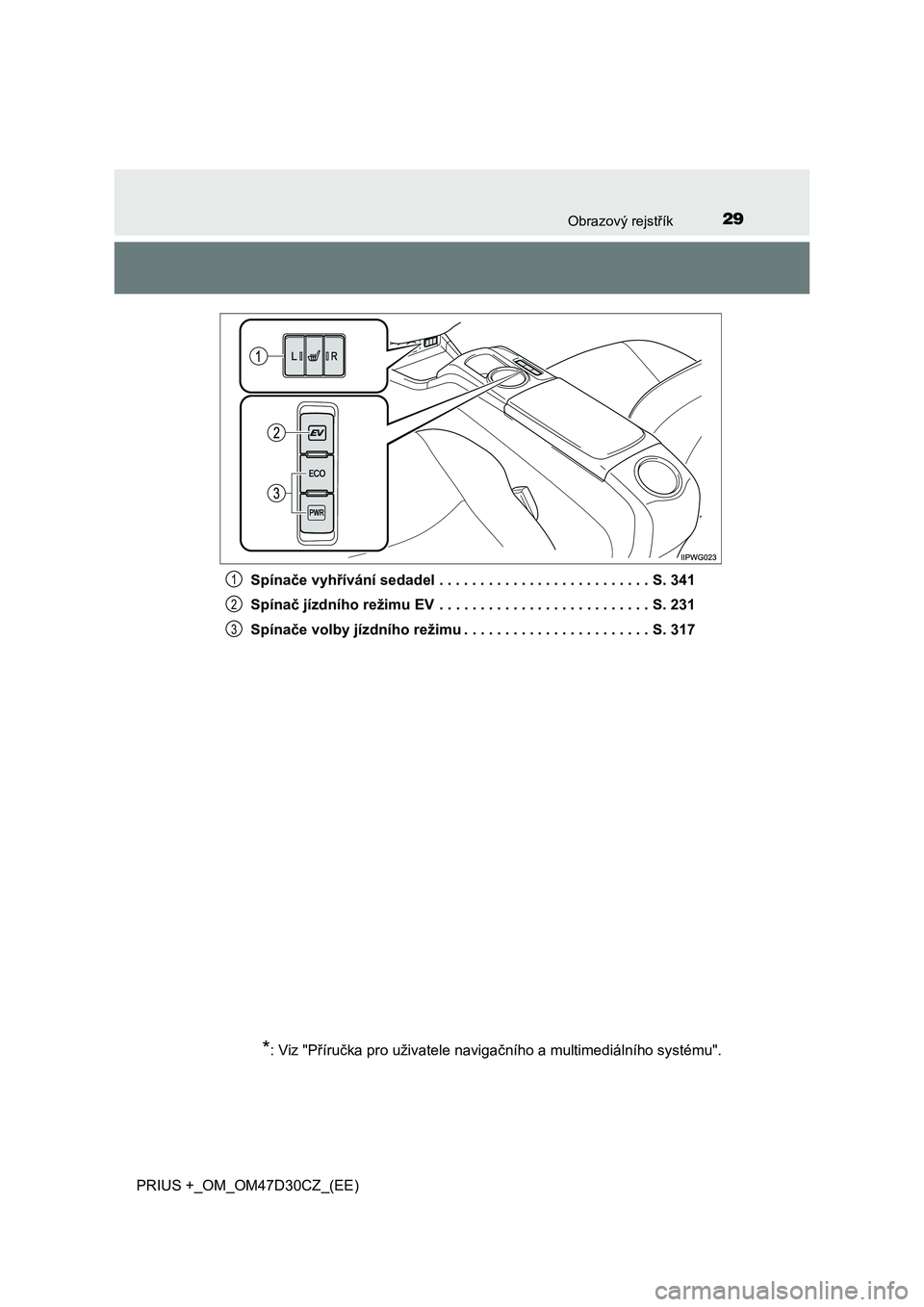 TOYOTA PRIUS PLUS 2019  Návod na použití (in Czech) 29Obrazový rejstřík
PRIUS +_OM_OM47D30CZ_(EE)Spínače vyhřívání sedadel . . . . . . . . . . . . . . . . . . . . . . . . . . S. 341
Spínač jízdního režimu EV  . . . . . . . . . . . . . . .