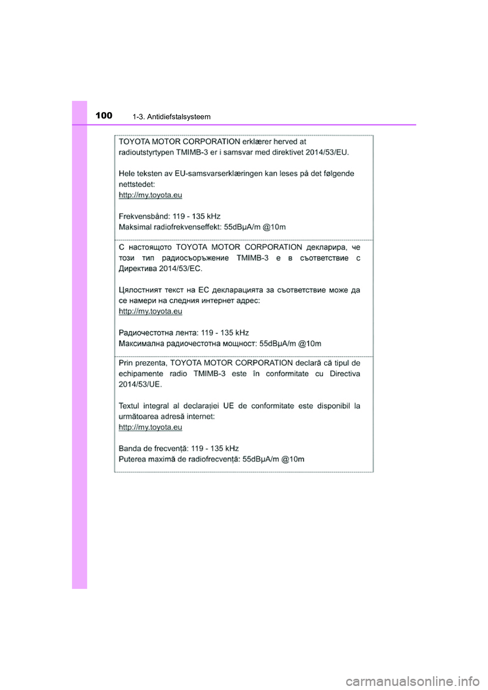 TOYOTA PRIUS PLUS 2018 Instructieboekje (in Dutch) 1001-3. Antidiefstalsysteem
PRIUS +_OM_OM47D30E_(EE)
PRIUS +_OM_OM47D30E_(EE).book Page 100 Friday, February 8, 2019 4:01 PM TOYOTA PRIUS PLUS 2018 Instructieboekje (in Dutch) 1001-3. Antidiefstalsysteem
PRIUS +_OM_OM47D30E_(EE)
PRIUS +_OM_OM47D30E_(EE).book Page 100 Friday, February 8, 2019 4:01 PM