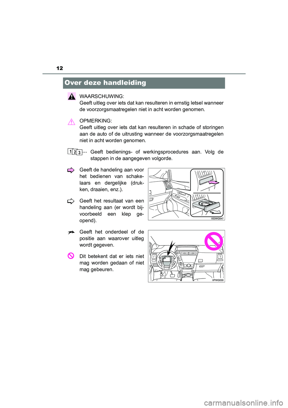 TOYOTA PRIUS PLUS 2018 Instructieboekje (in Dutch) 12
PRIUS +_OM_OM47D30E_(EE)
Over deze handleiding
WAARSCHUWING:
Geeft uitleg over iets dat kan resulteren in ernstig letsel wanneer
de voorzorgsmaatregelen niet in acht worden genomen.
OPMERKING:
Ge TOYOTA PRIUS PLUS 2018 Instructieboekje (in Dutch) 12
PRIUS +_OM_OM47D30E_(EE)
Over deze handleiding
WAARSCHUWING:
Geeft uitleg over iets dat kan resulteren in ernstig letsel wanneer
de voorzorgsmaatregelen niet in acht worden genomen.
OPMERKING:
Ge