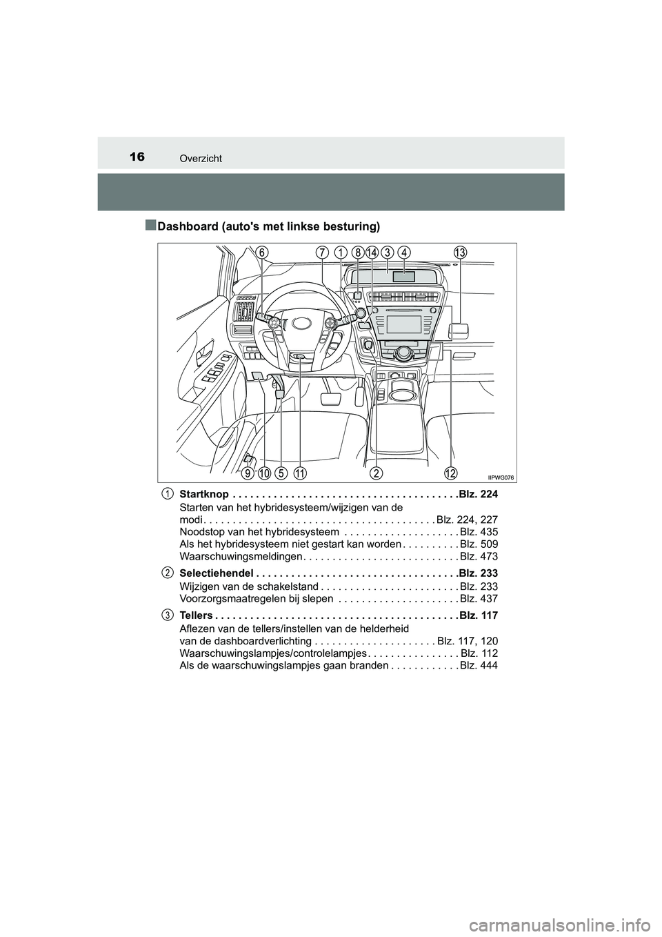 TOYOTA PRIUS PLUS 2018 Instructieboekje (in Dutch) 16Overzicht
PRIUS +_OM_OM47D30E_(EE)
■Dashboard (auto's met linkse besturing)
Startknop . . . . . . . . . . . . . . . . . . . . . . . . . . . . . . . . . . . . . . .Blz. 224
Starten van het hyb TOYOTA PRIUS PLUS 2018 Instructieboekje (in Dutch) 16Overzicht
PRIUS +_OM_OM47D30E_(EE)
■Dashboard (auto's met linkse besturing)
Startknop . . . . . . . . . . . . . . . . . . . . . . . . . . . . . . . . . . . . . . .Blz. 224
Starten van het hyb