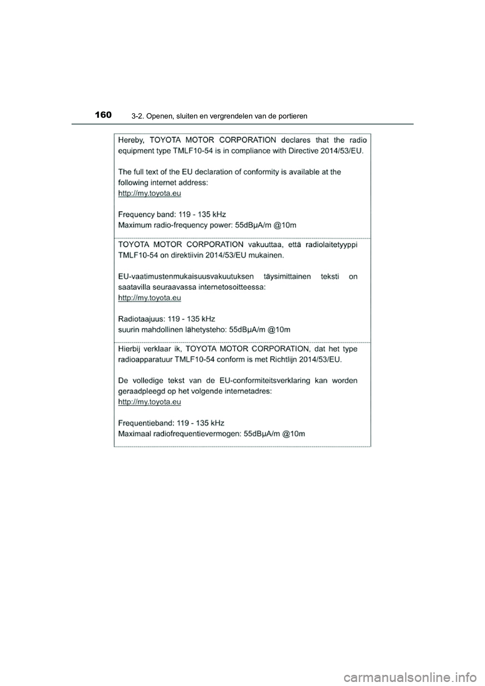 TOYOTA PRIUS PLUS 2018  Instructieboekje (in Dutch) 1603-2. Openen, sluiten en vergrendelen van de portieren
PRIUS +_OM_OM47D30E_(EE)
PRIUS +_OM_OM47D30E_(EE).book  Page 160  Friday, February 8, 2019  4:01 PM 