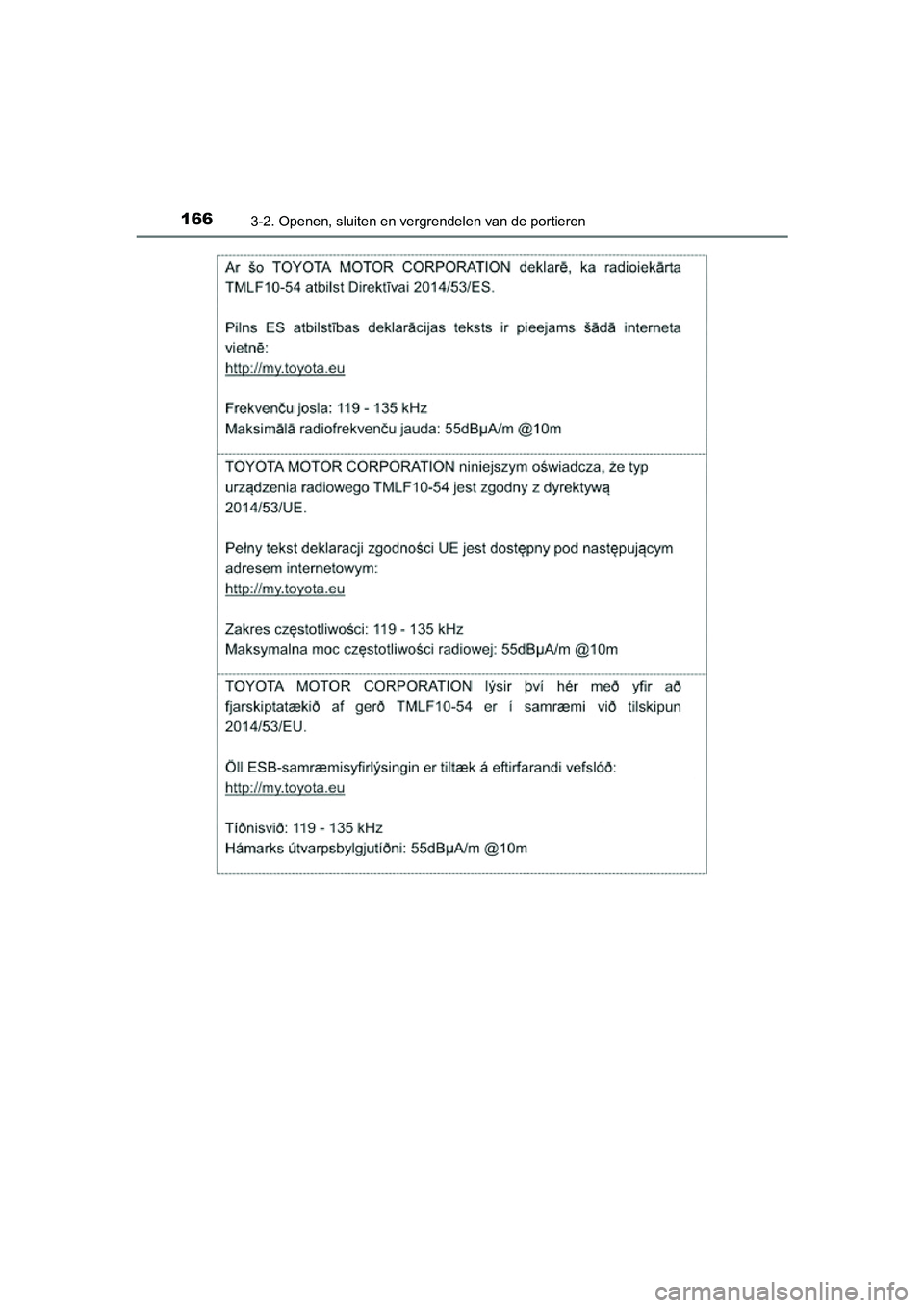 TOYOTA PRIUS PLUS 2018  Instructieboekje (in Dutch) 1663-2. Openen, sluiten en vergrendelen van de portieren
PRIUS +_OM_OM47D30E_(EE)
PRIUS +_OM_OM47D30E_(EE).book  Page 166  Friday, February 8, 2019  4:01 PM 