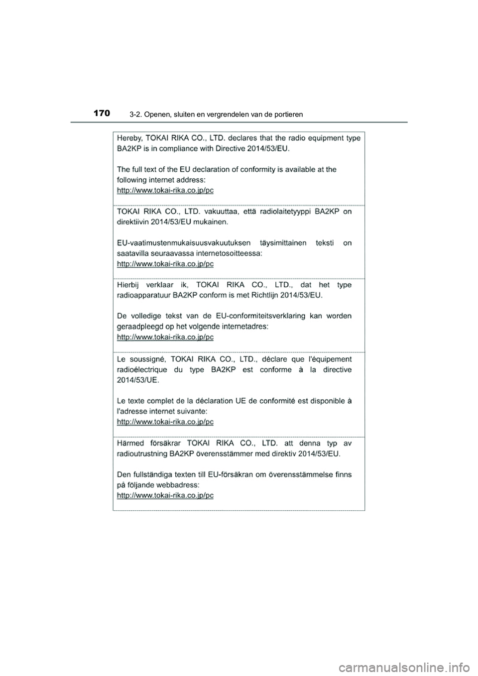 TOYOTA PRIUS PLUS 2018  Instructieboekje (in Dutch) 1703-2. Openen, sluiten en vergrendelen van de portieren
PRIUS +_OM_OM47D30E_(EE)
PRIUS +_OM_OM47D30E_(EE).book  Page 170  Friday, February 8, 2019  4:01 PM 