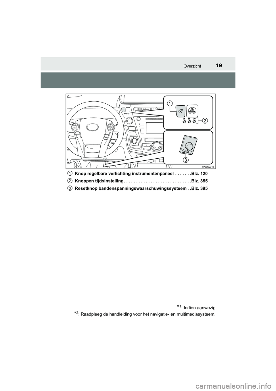 TOYOTA PRIUS PLUS 2018 Instructieboekje (in Dutch) 19Overzicht
PRIUS +_OM_OM47D30E_(EE)Knop regelbare verlichting instrumentenpaneel . . . . . . .Blz. 120
Knoppen tijdsinstelling . . . . . . . . . . . . . . . . . . . .
. . . . . . . .Blz. 355
Resetk TOYOTA PRIUS PLUS 2018 Instructieboekje (in Dutch) 19Overzicht
PRIUS +_OM_OM47D30E_(EE)Knop regelbare verlichting instrumentenpaneel . . . . . . .Blz. 120
Knoppen tijdsinstelling . . . . . . . . . . . . . . . . . . . .
. . . . . . . .Blz. 355
Resetk