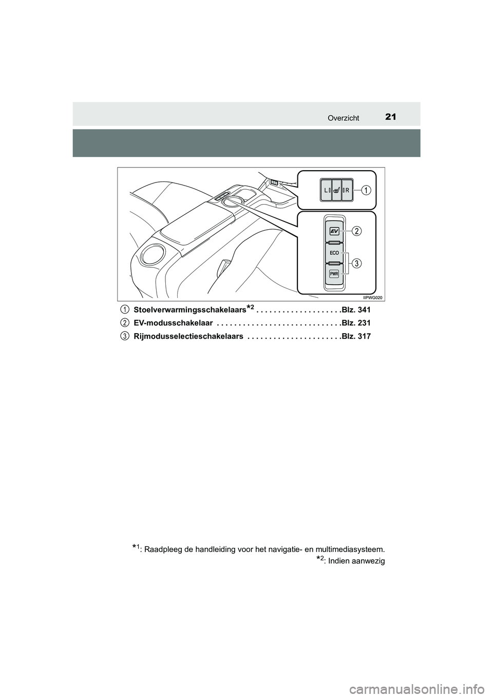 TOYOTA PRIUS PLUS 2018 Instructieboekje (in Dutch) 21Overzicht
PRIUS +_OM_OM47D30E_(EE)Stoelverwarmingsschakelaars
*2. . . . . . . . . . . . . . . . . . . .Blz. 341
EV-modusschakelaar . . . . . . . . . . . . . . . . . . . . . . . . . . . . .Blz. 231 TOYOTA PRIUS PLUS 2018 Instructieboekje (in Dutch) 21Overzicht
PRIUS +_OM_OM47D30E_(EE)Stoelverwarmingsschakelaars
*2. . . . . . . . . . . . . . . . . . . .Blz. 341
EV-modusschakelaar . . . . . . . . . . . . . . . . . . . . . . . . . . . . .Blz. 231