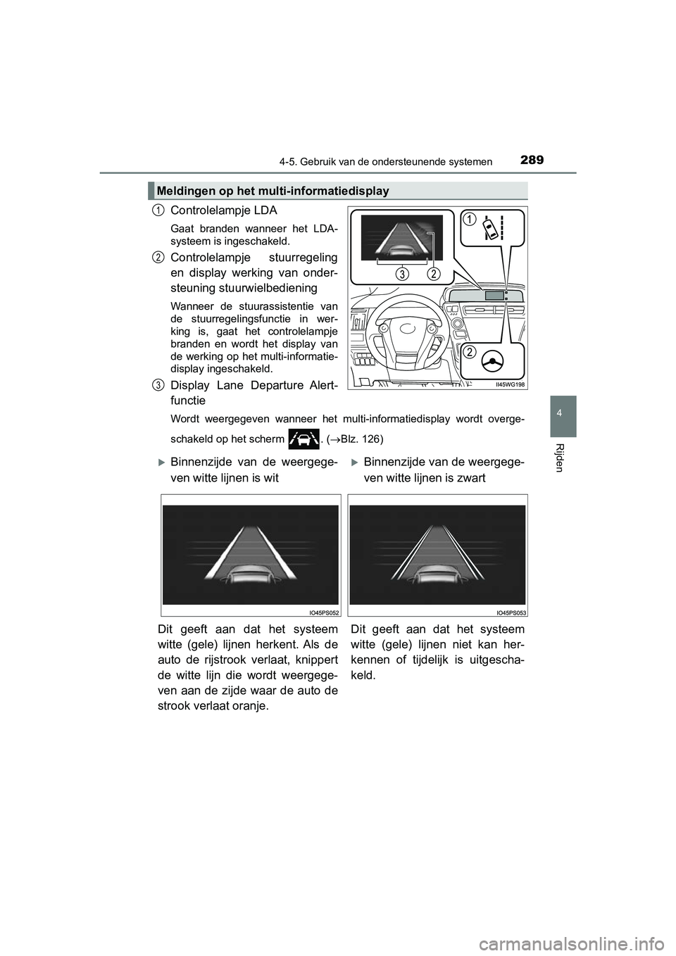 TOYOTA PRIUS PLUS 2018 Instructieboekje (in Dutch) 2894-5. Gebruik van de ondersteunende systemen
4
Rijden
PRIUS +_OM_OM47D30E_(EE)
Controlelampje LDA
Gaat branden wanneer het LDA-
systeem is ingeschakeld.
Controlelampje stuurregeling
en display TOYOTA PRIUS PLUS 2018 Instructieboekje (in Dutch) 2894-5. Gebruik van de ondersteunende systemen
4
Rijden
PRIUS +_OM_OM47D30E_(EE)
Controlelampje LDA
Gaat branden wanneer het LDA-
systeem is ingeschakeld.
Controlelampje stuurregeling
en display