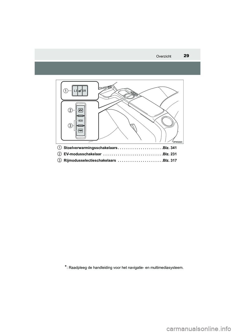 TOYOTA PRIUS PLUS 2018 Instructieboekje (in Dutch) 29Overzicht
PRIUS +_OM_OM47D30E_(EE)Stoelverwarmingsschakelaars . . . . . . . . . . . . . . . . . .
. . . .Blz. 341
EV-modusschakelaar . . . . . . . . . . . . . . . . . . . . . . . . . . . . .Blz. TOYOTA PRIUS PLUS 2018 Instructieboekje (in Dutch) 29Overzicht
PRIUS +_OM_OM47D30E_(EE)Stoelverwarmingsschakelaars . . . . . . . . . . . . . . . . . .
. . . .Blz. 341
EV-modusschakelaar . . . . . . . . . . . . . . . . . . . . . . . . . . . . .Blz.