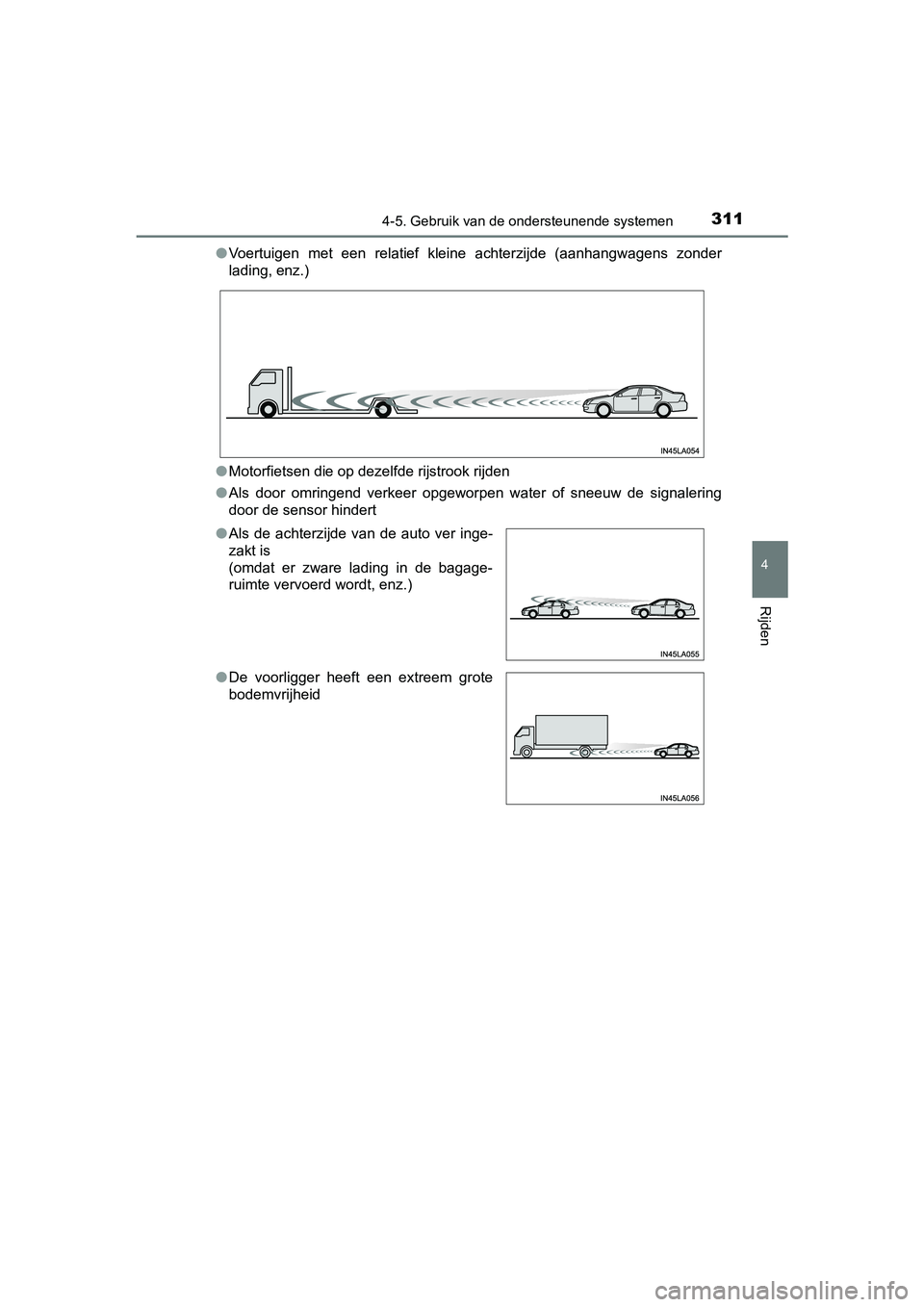 TOYOTA PRIUS PLUS 2018 Instructieboekje (in Dutch) 3114-5. Gebruik van de ondersteunende systemen
4
Rijden
PRIUS +_OM_OM47D30E_(EE)●
Voertuigen met een relatief kleine achterzijde (aanhangwagens z onder
lading, enz.)
● Motorfietsen die op d TOYOTA PRIUS PLUS 2018 Instructieboekje (in Dutch) 3114-5. Gebruik van de ondersteunende systemen
4
Rijden
PRIUS +_OM_OM47D30E_(EE)●
Voertuigen met een relatief kleine achterzijde (aanhangwagens z onder
lading, enz.)
● Motorfietsen die op d