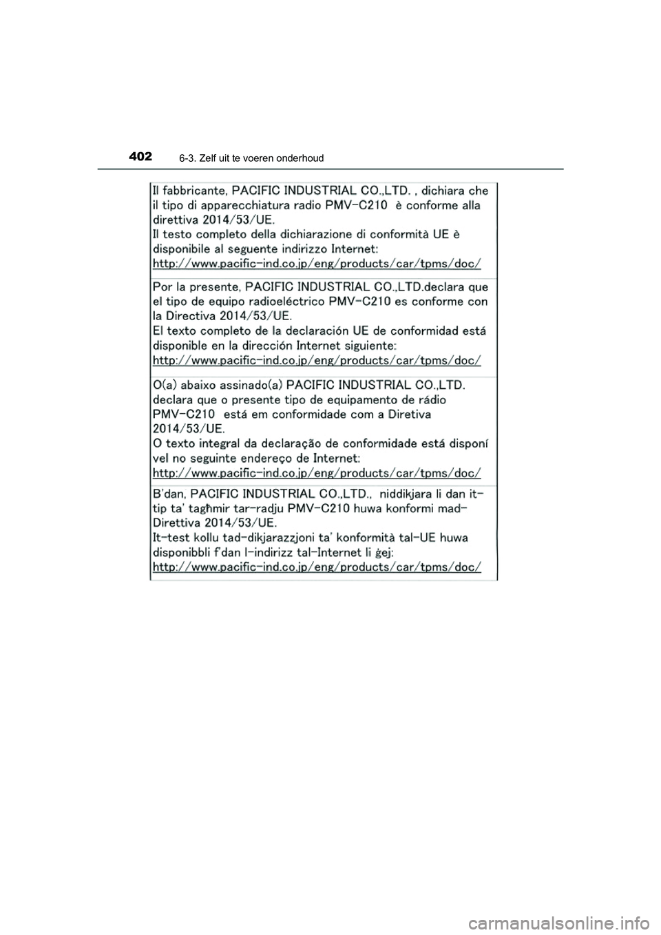 TOYOTA PRIUS PLUS 2018  Instructieboekje (in Dutch) 4026-3. Zelf uit te voeren onderhoud
PRIUS +_OM_OM47D30E_(EE)
PRIUS +_OM_OM47D30E_(EE).book  Page 402  Friday, February 8, 2019  4:01 PM 