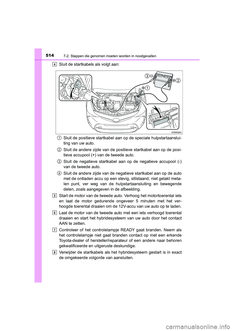 TOYOTA PRIUS PLUS 2018 Instructieboekje (in Dutch) 5147-2. Stappen die genomen moeten worden in noodgevallen
PRIUS +_OM_OM47D30E_(EE)
Sluit de startkabels als volgt aan:
Sluit de positieve startkabel aan op de speciale hulpstartaansl ui-
ting van uw TOYOTA PRIUS PLUS 2018 Instructieboekje (in Dutch) 5147-2. Stappen die genomen moeten worden in noodgevallen
PRIUS +_OM_OM47D30E_(EE)
Sluit de startkabels als volgt aan:
Sluit de positieve startkabel aan op de speciale hulpstartaansl ui-
ting van uw