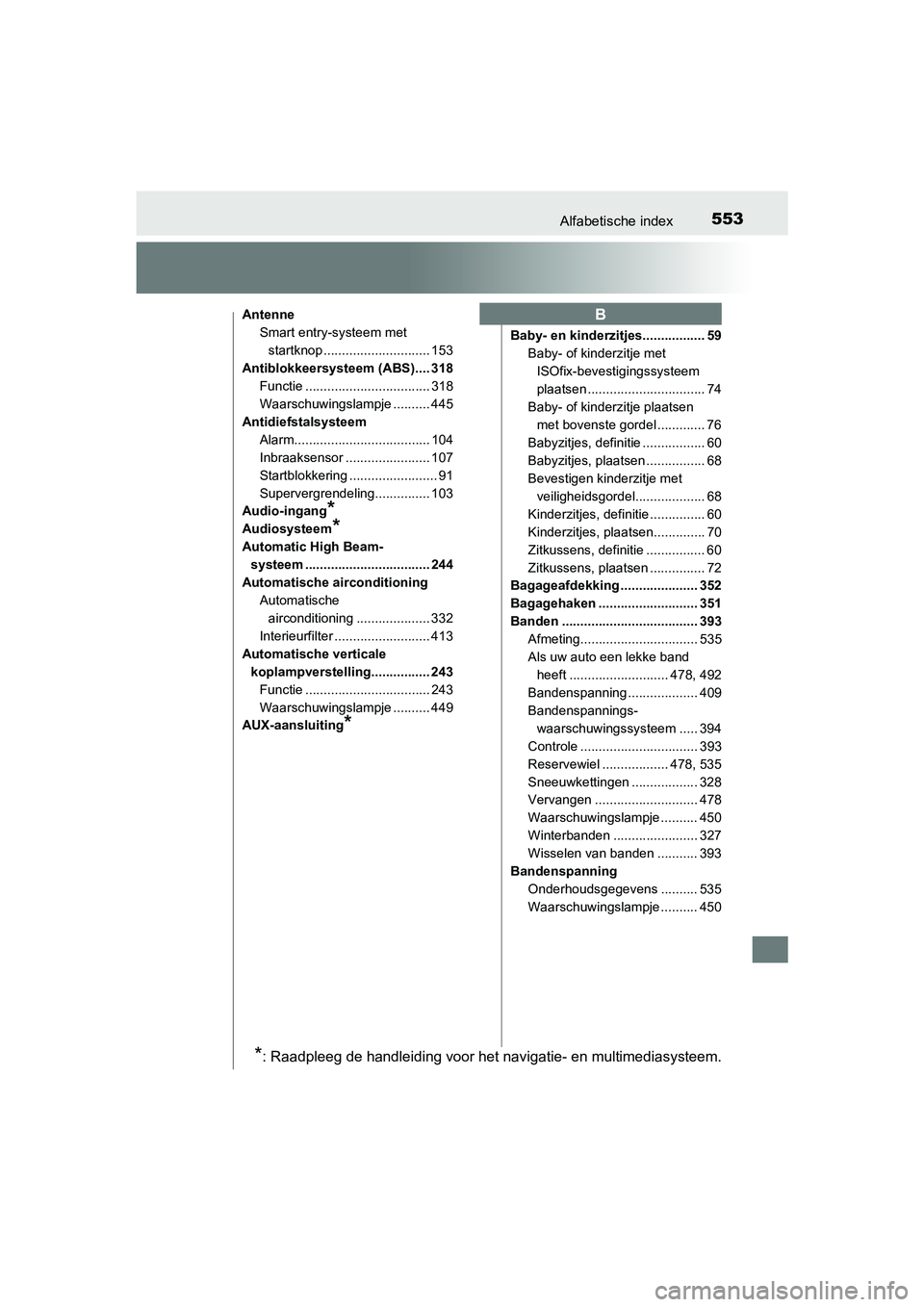 TOYOTA PRIUS PLUS 2018 Instructieboekje (in Dutch) 553Alfabetische index
PRIUS +_OM_OM47D30E_(EE)
AntenneSmart entry-systeem met
startknop ............................. 153
Antiblokkeersysteem (ABS).... 318 Functie .................................. TOYOTA PRIUS PLUS 2018 Instructieboekje (in Dutch) 553Alfabetische index
PRIUS +_OM_OM47D30E_(EE)
AntenneSmart entry-systeem met
startknop ............................. 153
Antiblokkeersysteem (ABS).... 318 Functie ..................................