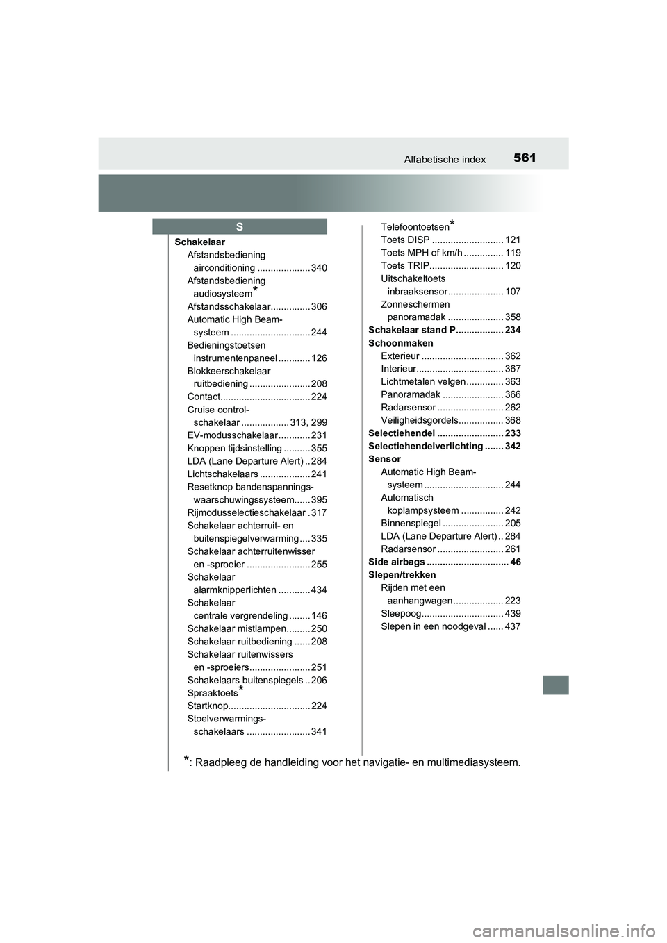 TOYOTA PRIUS PLUS 2018 Instructieboekje (in Dutch) 561Alfabetische index
PRIUS +_OM_OM47D30E_(EE)
SchakelaarAfstandsbediening
airconditioning .................... 340
Afstandsbediening audiosysteem
*
Afstandsschakelaar............... 306
Automatic H TOYOTA PRIUS PLUS 2018 Instructieboekje (in Dutch) 561Alfabetische index
PRIUS +_OM_OM47D30E_(EE)
SchakelaarAfstandsbediening
airconditioning .................... 340
Afstandsbediening audiosysteem
*
Afstandsschakelaar............... 306
Automatic H