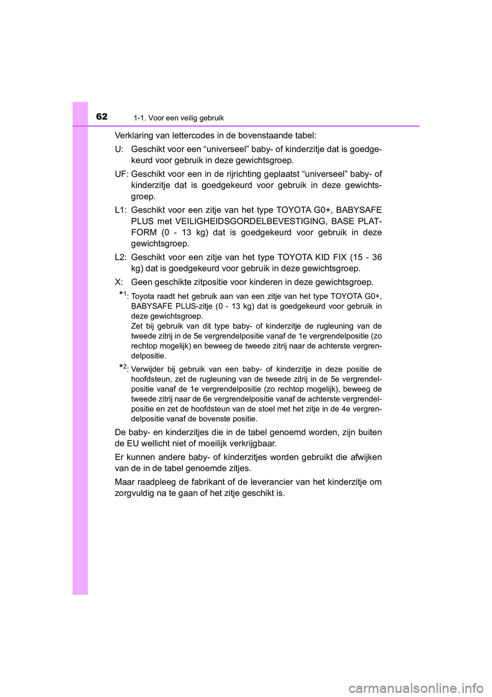 TOYOTA PRIUS PLUS 2018 Instructieboekje (in Dutch) 621-1. Voor een veilig gebruik
PRIUS +_OM_OM47D30E_(EE)
Verklaring van lettercodes in de bovenstaande tabel:
U: Geschikt voor een “universeel” baby- of kinderzitje dat is go edge-
keurd voor gebru TOYOTA PRIUS PLUS 2018 Instructieboekje (in Dutch) 621-1. Voor een veilig gebruik
PRIUS +_OM_OM47D30E_(EE)
Verklaring van lettercodes in de bovenstaande tabel:
U: Geschikt voor een “universeel” baby- of kinderzitje dat is go edge-
keurd voor gebru