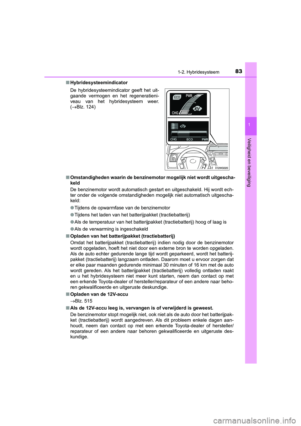 TOYOTA PRIUS PLUS 2018 Instructieboekje (in Dutch) 831-2. Hybridesysteem
1
PRIUS +_OM_OM47D30E_(EE)
Veiligheid en beveiliging
■Hybridesysteemindicator
■ Omstandigheden waarin de benzinem otor mogelijk niet wordt uitgescha-
keld
De benzinemotor wor TOYOTA PRIUS PLUS 2018 Instructieboekje (in Dutch) 831-2. Hybridesysteem
1
PRIUS +_OM_OM47D30E_(EE)
Veiligheid en beveiliging
■Hybridesysteemindicator
■ Omstandigheden waarin de benzinem otor mogelijk niet wordt uitgescha-
keld
De benzinemotor wor