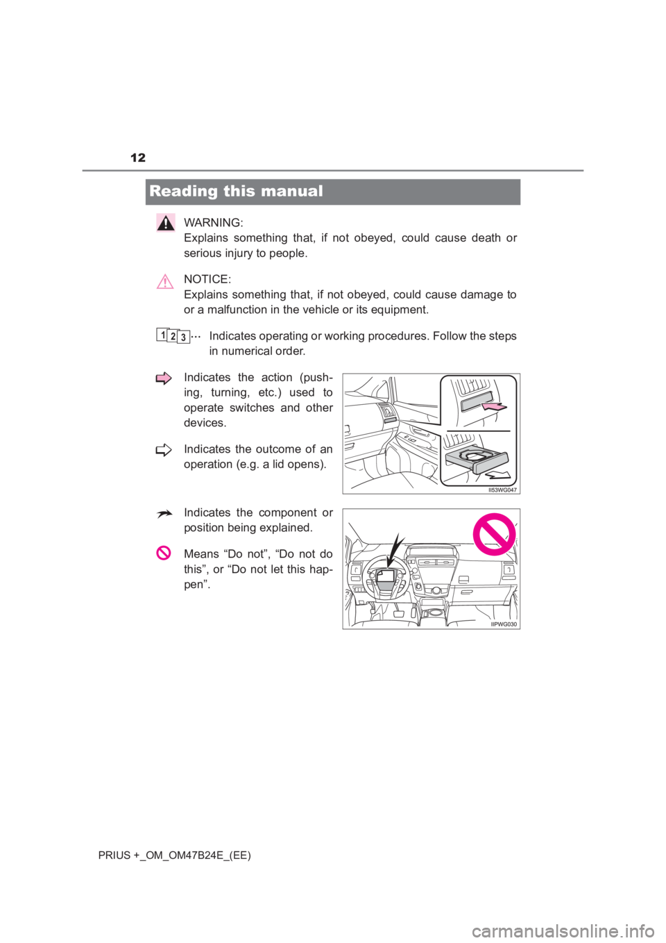 TOYOTA PRIUS PLUS 2017 User Guide 12
PRIUS +_OM_OM47B24E_(EE)
Reading this manual
WARNING: 
Explains something that, if not obeyed, could cause death or
serious injury to people.
NOTICE: 
Explains something that, if not obeyed, could 