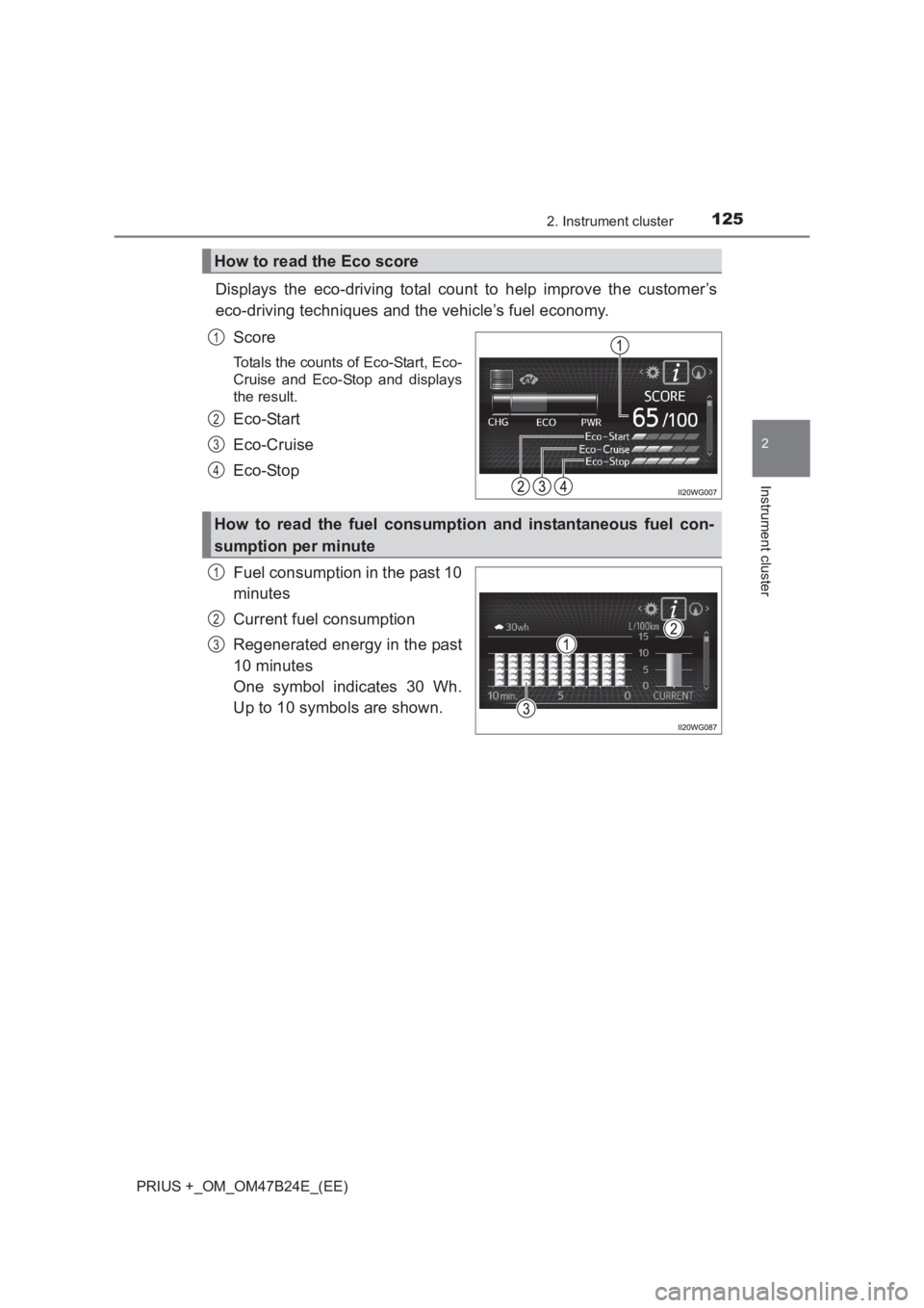 TOYOTA PRIUS PLUS 2017  Owners Manual 1252. Instrument cluster
2
Instrument cluster
PRIUS +_OM_OM47B24E_(EE)
Displays the eco-driving total count to help improve the customer’s
eco-driving techniques and the vehicle’s fuel economy.Sco