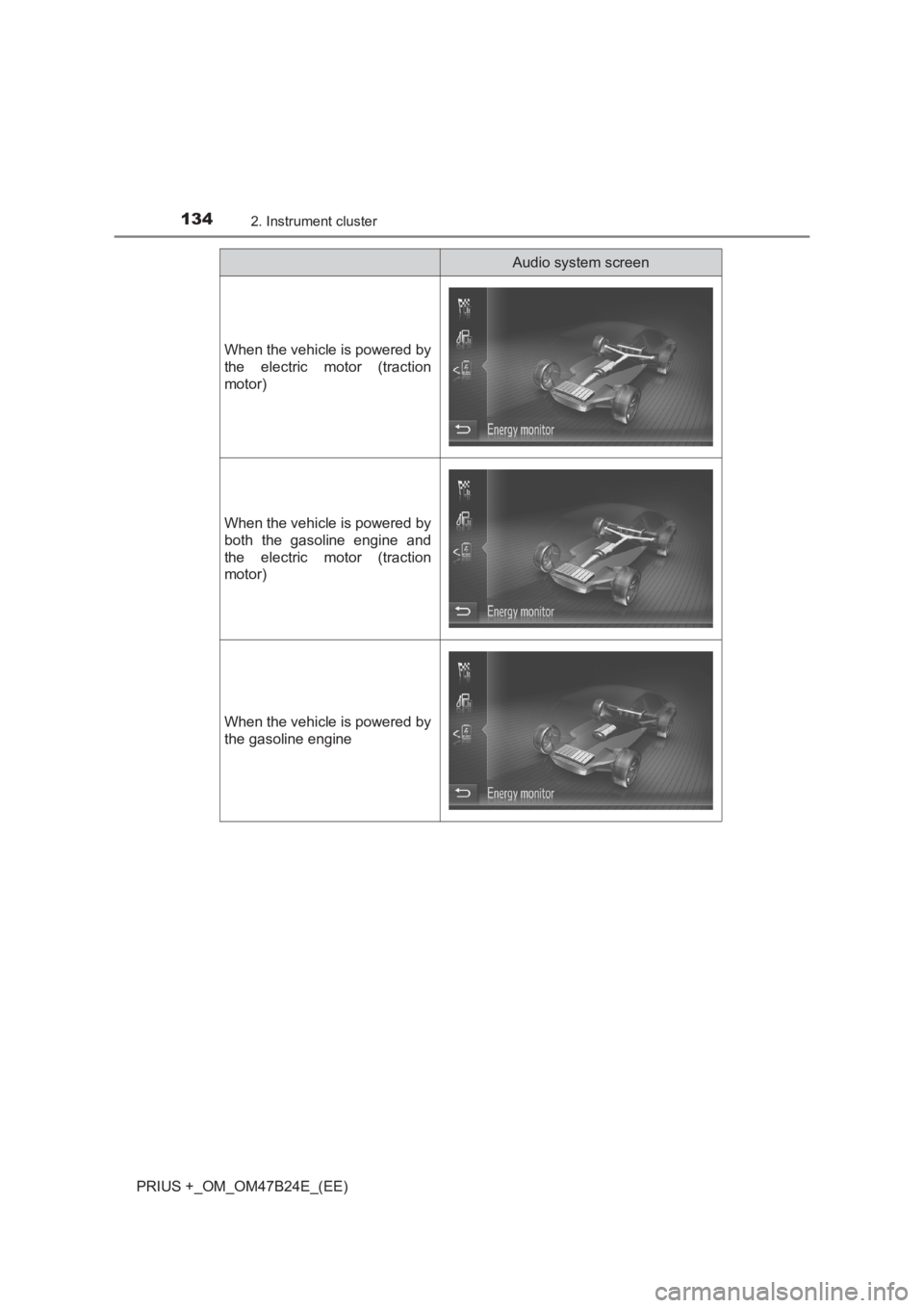TOYOTA PRIUS PLUS 2017  Owners Manual 1342. Instrument cluster
PRIUS +_OM_OM47B24E_(EE)
Audio system screen
When the vehicle is powered by
the electric motor (traction
motor)
When the vehicle is powered by
both the gasoline engine and
the