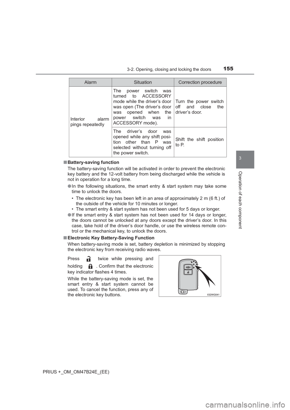 TOYOTA PRIUS PLUS 2017  Owners Manual 1553-2. Opening, closing and locking the doors
3
Operation of each component
PRIUS +_OM_OM47B24E_(EE)■
Battery-saving function
The battery-saving function will be activated in order to prevent the e