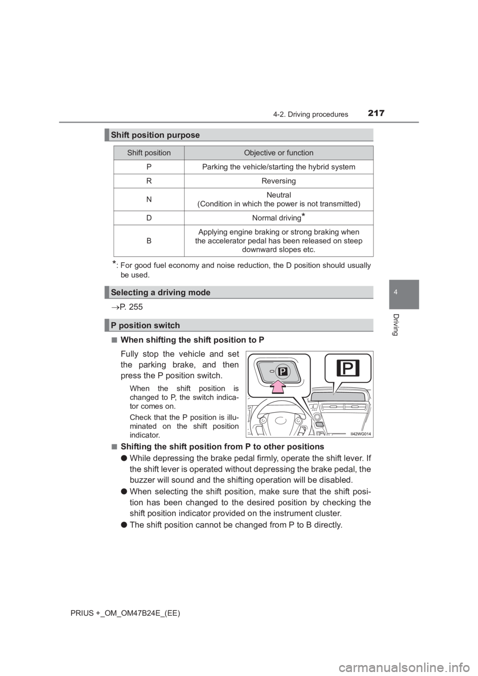 TOYOTA PRIUS PLUS 2017 Owners Manual 2174-2. Driving procedures
4
Driving
PRIUS +_OM_OM47B24E_(EE)
*: For good fuel economy and noise reduction, the D position should usuallybe used.
→ P. 2 5 5
■When shifting the shift position to P TOYOTA PRIUS PLUS 2017 Owners Manual 2174-2. Driving procedures
4
Driving
PRIUS +_OM_OM47B24E_(EE)
*: For good fuel economy and noise reduction, the D position should usuallybe used.
→ P. 2 5 5
■When shifting the shift position to P