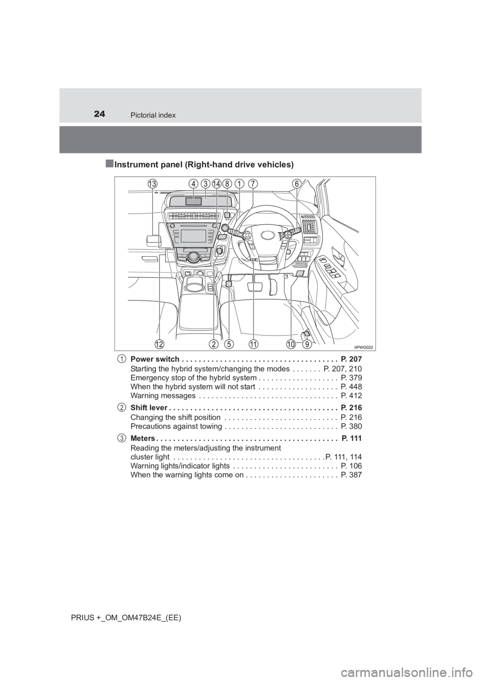 TOYOTA PRIUS PLUS 2017 Owners Manual 24Pictorial index
PRIUS +_OM_OM47B24E_(EE)
■Instrument panel (Right-hand drive vehicles)
Power switch . . . . . . . . . . . . . . . . . . . . . . . . . . . . . . . . . . . . . P. 207
Starting the h TOYOTA PRIUS PLUS 2017 Owners Manual 24Pictorial index
PRIUS +_OM_OM47B24E_(EE)
■Instrument panel (Right-hand drive vehicles)
Power switch . . . . . . . . . . . . . . . . . . . . . . . . . . . . . . . . . . . . . P. 207
Starting the h