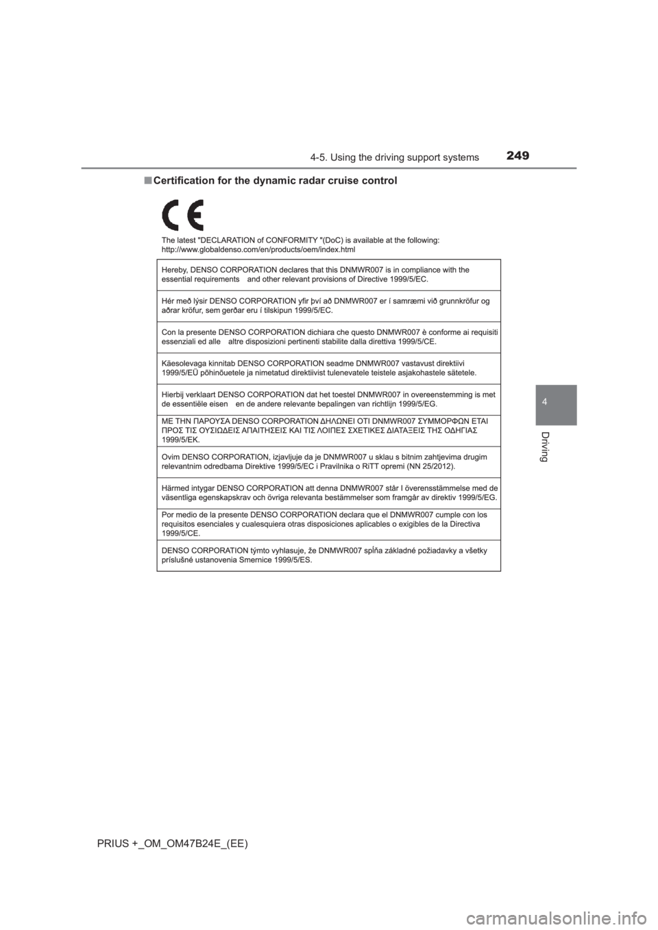 TOYOTA PRIUS PLUS 2017 Owners Manual 2494-5. Using the driving support systems
4
Driving
PRIUS +_OM_OM47B24E_(EE)■
Certification for the dynamic radar cruise control TOYOTA PRIUS PLUS 2017 Owners Manual 2494-5. Using the driving support systems
4
Driving
PRIUS +_OM_OM47B24E_(EE)■
Certification for the dynamic radar cruise control