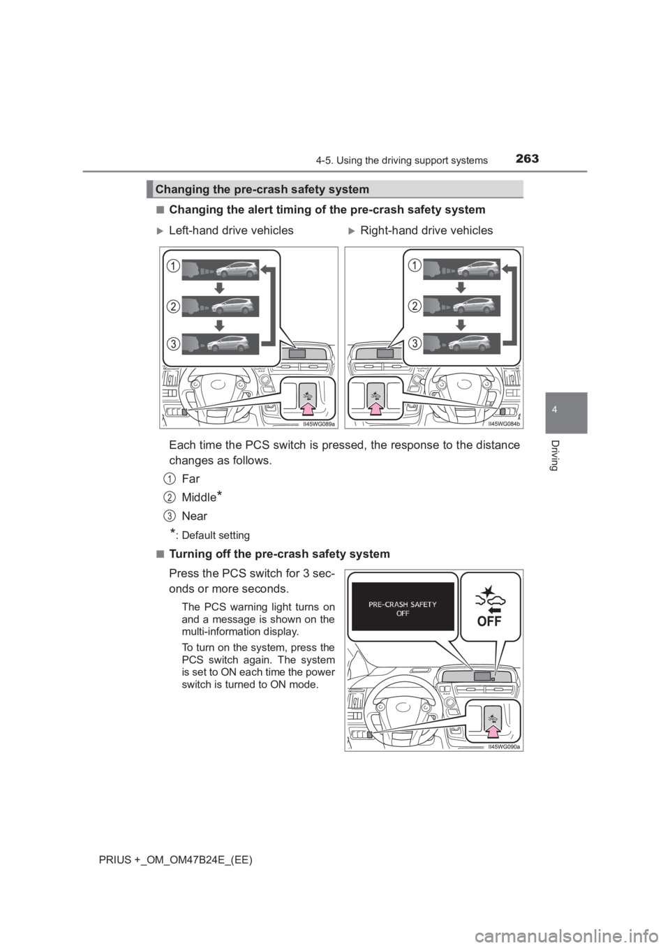 TOYOTA PRIUS PLUS 2017 Owners Manual 2634-5. Using the driving support systems
4
Driving
PRIUS +_OM_OM47B24E_(EE)■
Changing the alert timing of the pre-crash safety system
Each time the PCS switch is pressed, the response to the distan TOYOTA PRIUS PLUS 2017 Owners Manual 2634-5. Using the driving support systems
4
Driving
PRIUS +_OM_OM47B24E_(EE)■
Changing the alert timing of the pre-crash safety system
Each time the PCS switch is pressed, the response to the distan