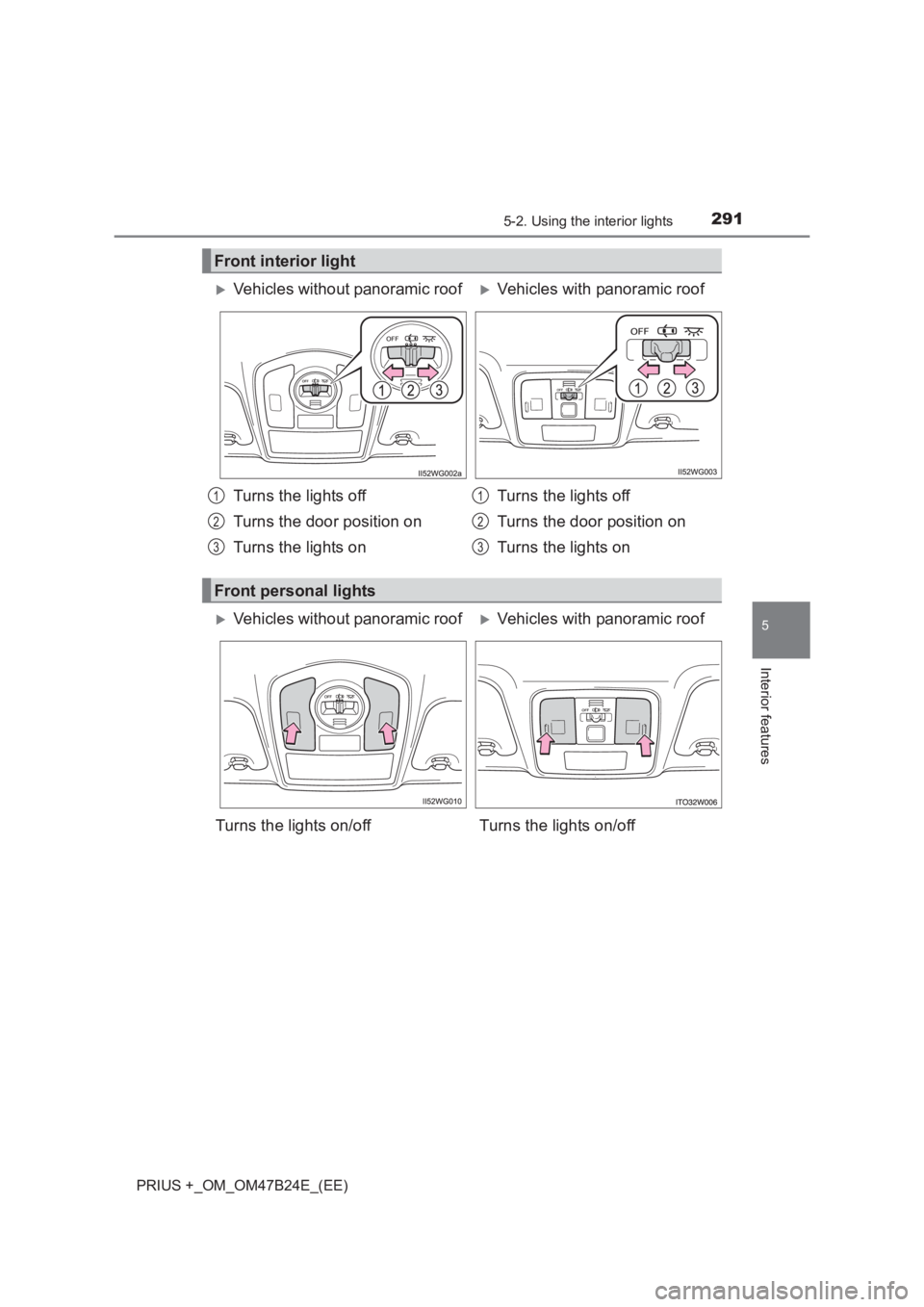 TOYOTA PRIUS PLUS 2017  Owners Manual 2915-2. Using the interior lights
PRIUS +_OM_OM47B24E_(EE)
5
Interior features
Front interior light
�XVehicles without panoramic roof�XVehicles with panoramic roof
Turns the lights off
Turns the door 