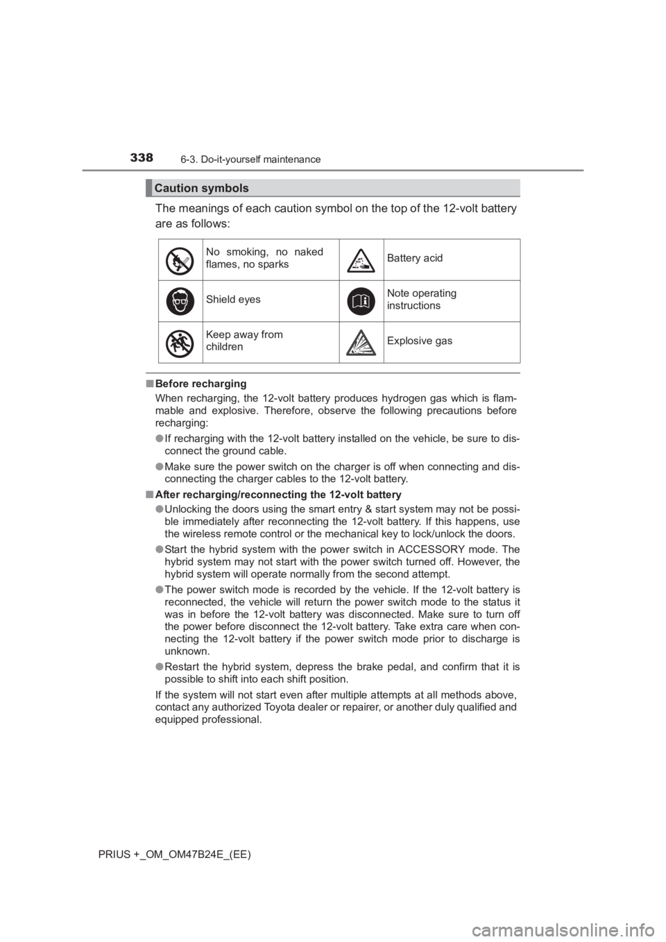 TOYOTA PRIUS PLUS 2017 Owners Manual 3386-3. Do-it-yourself maintenance
PRIUS +_OM_OM47B24E_(EE)
The meanings of each caution symbol on the top of the 12-volt battery
are as follows:
■Before recharging
When recharging, the 12-volt batt TOYOTA PRIUS PLUS 2017 Owners Manual 3386-3. Do-it-yourself maintenance
PRIUS +_OM_OM47B24E_(EE)
The meanings of each caution symbol on the top of the 12-volt battery
are as follows:
■Before recharging
When recharging, the 12-volt batt