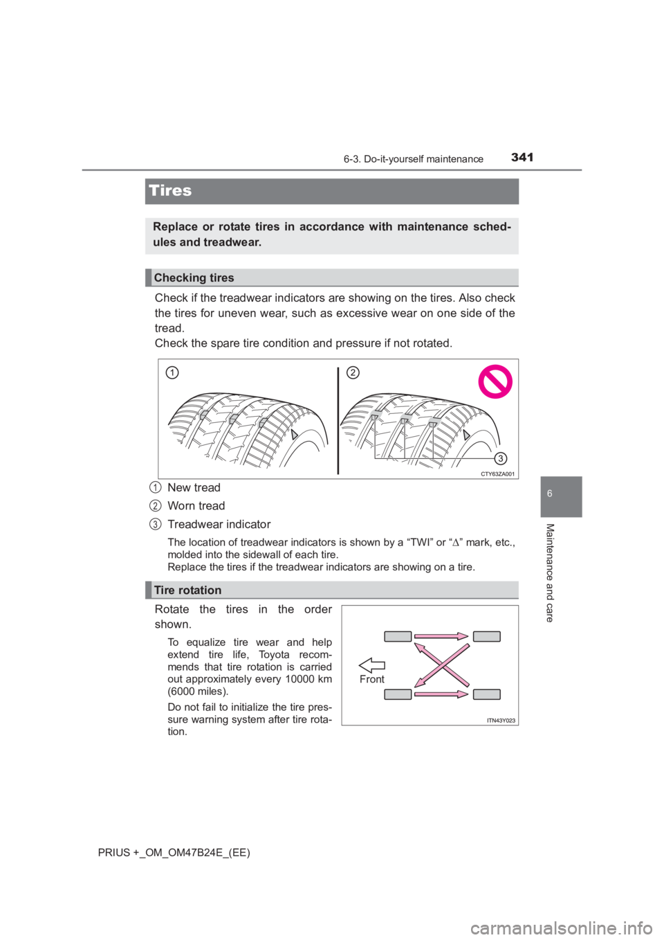 TOYOTA PRIUS PLUS 2017 Owners Manual 3416-3. Do-it-yourself maintenance
PRIUS +_OM_OM47B24E_(EE)
6
Maintenance and care
Tires
Check if the treadwear indicators are showing on the tires. Also check
the tires for uneven wear, such as exces TOYOTA PRIUS PLUS 2017 Owners Manual 3416-3. Do-it-yourself maintenance
PRIUS +_OM_OM47B24E_(EE)
6
Maintenance and care
Tires
Check if the treadwear indicators are showing on the tires. Also check
the tires for uneven wear, such as exces