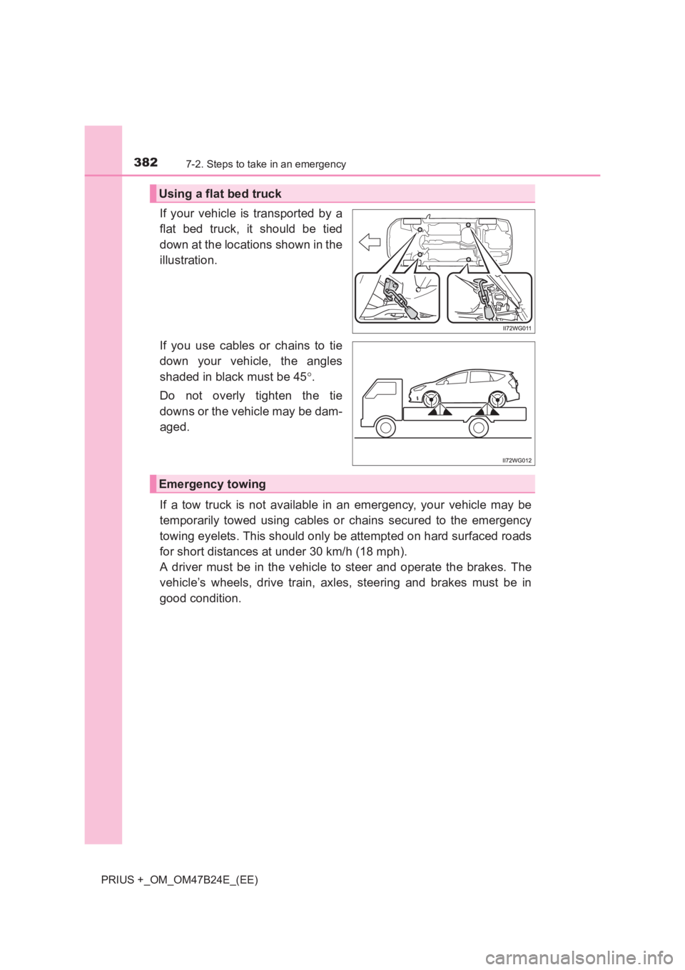 TOYOTA PRIUS PLUS 2017 Owners Manual 3827-2. Steps to take in an emergency
PRIUS +_OM_OM47B24E_(EE)
If your vehicle is transported by a
flat bed truck, it should be tied
down at the locations shown in the
illustration.
If you use cables TOYOTA PRIUS PLUS 2017 Owners Manual 3827-2. Steps to take in an emergency
PRIUS +_OM_OM47B24E_(EE)
If your vehicle is transported by a
flat bed truck, it should be tied
down at the locations shown in the
illustration.
If you use cables