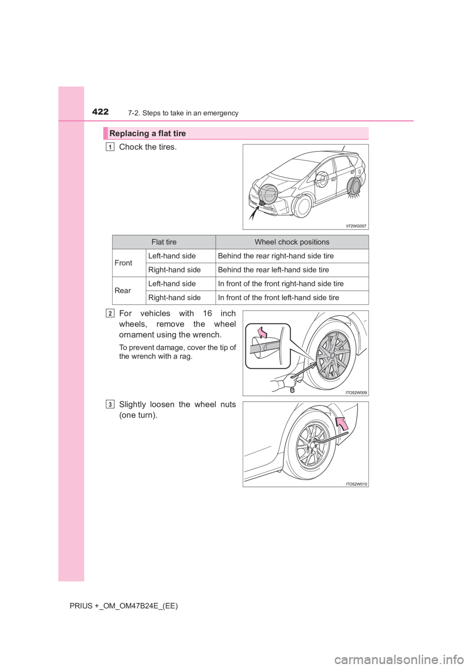 TOYOTA PRIUS PLUS 2017  Owners Manual 4227-2. Steps to take in an emergency
PRIUS +_OM_OM47B24E_(EE)
Chock the tires.
For vehicles with 16 inch
wheels, remove the wheel
ornament using the wrench.
To prevent damage, cover the tip of
the wr