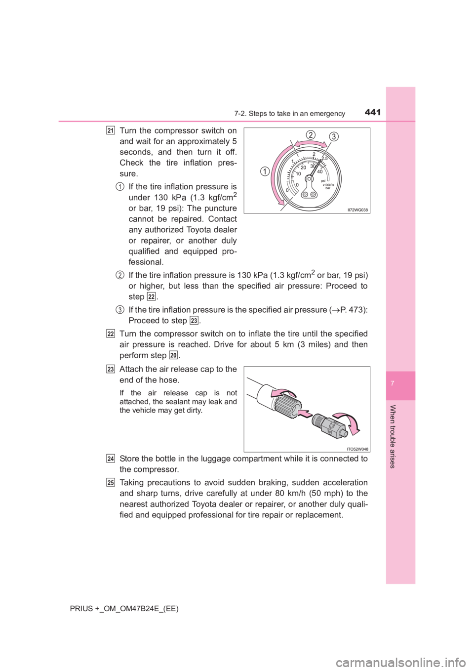 TOYOTA PRIUS PLUS 2017  Owners Manual 4417-2. Steps to take in an emergency
PRIUS +_OM_OM47B24E_(EE)
7
When trouble arises
Turn the compressor switch on
and wait for an approximately 5
seconds, and then turn it off.
Check the tire inflati
