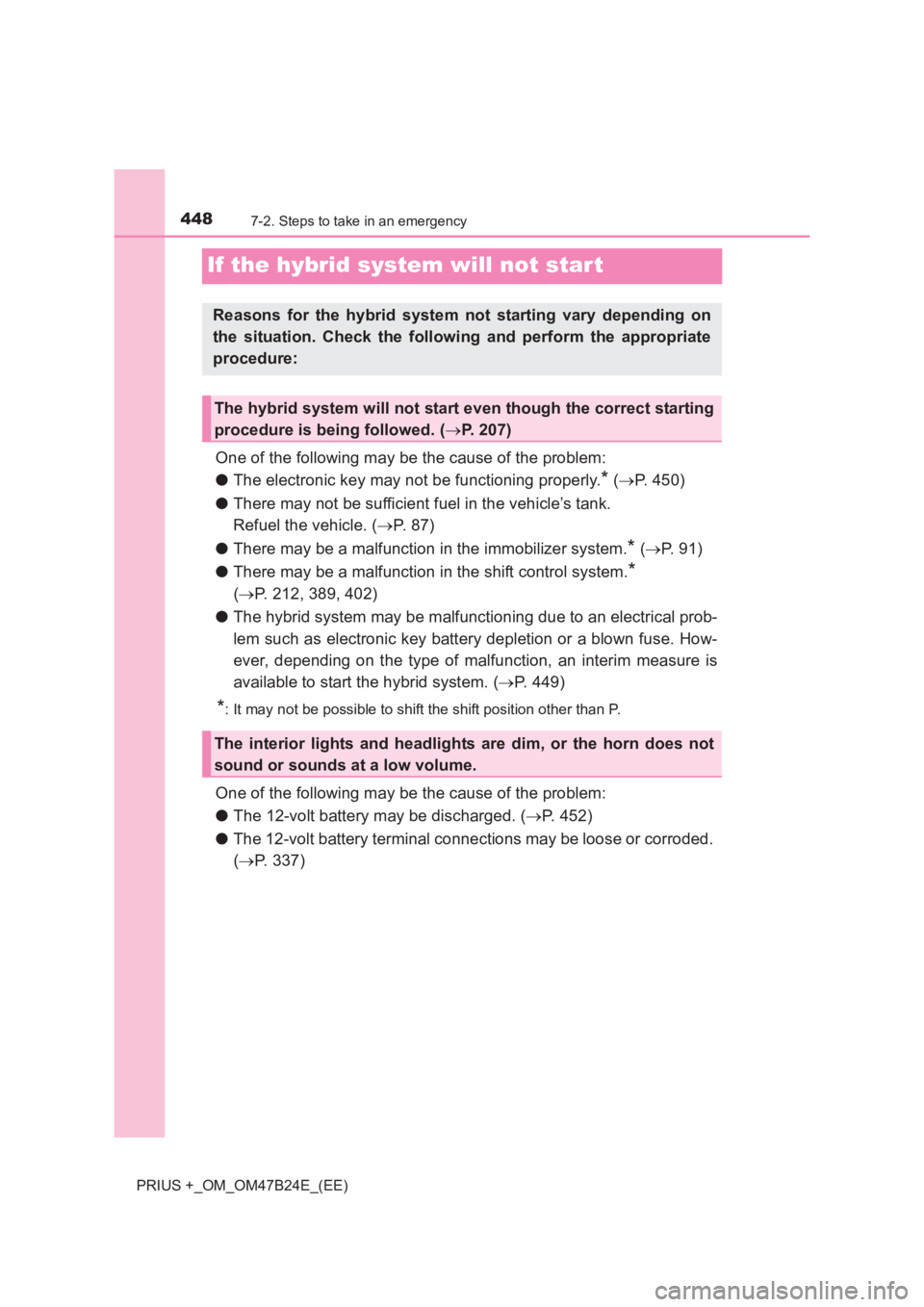 TOYOTA PRIUS PLUS 2017  Owners Manual 4487-2. Steps to take in an emergency
PRIUS +_OM_OM47B24E_(EE)
If the hybrid system will not start
One of the following may be the cause of the problem:
●The electronic key may not be functioning pr
