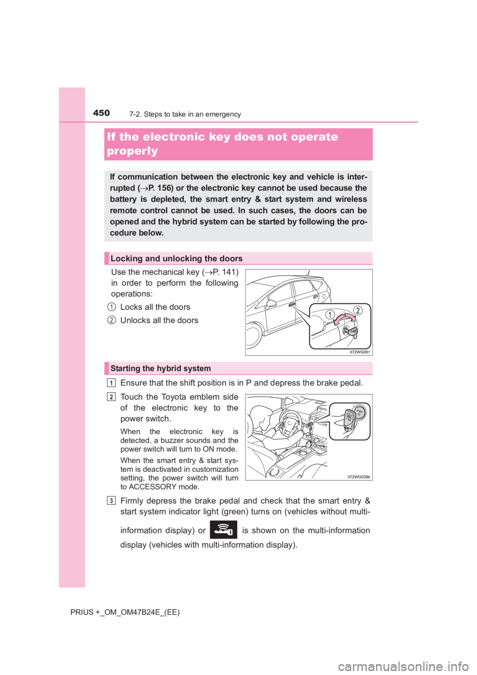 TOYOTA PRIUS PLUS 2017  Owners Manual 4507-2. Steps to take in an emergency
PRIUS +_OM_OM47B24E_(EE)
If the electronic key does not operate 
properly
Use the mechanical key (→P. 141)
in order to perform the following
operations:
Locks a