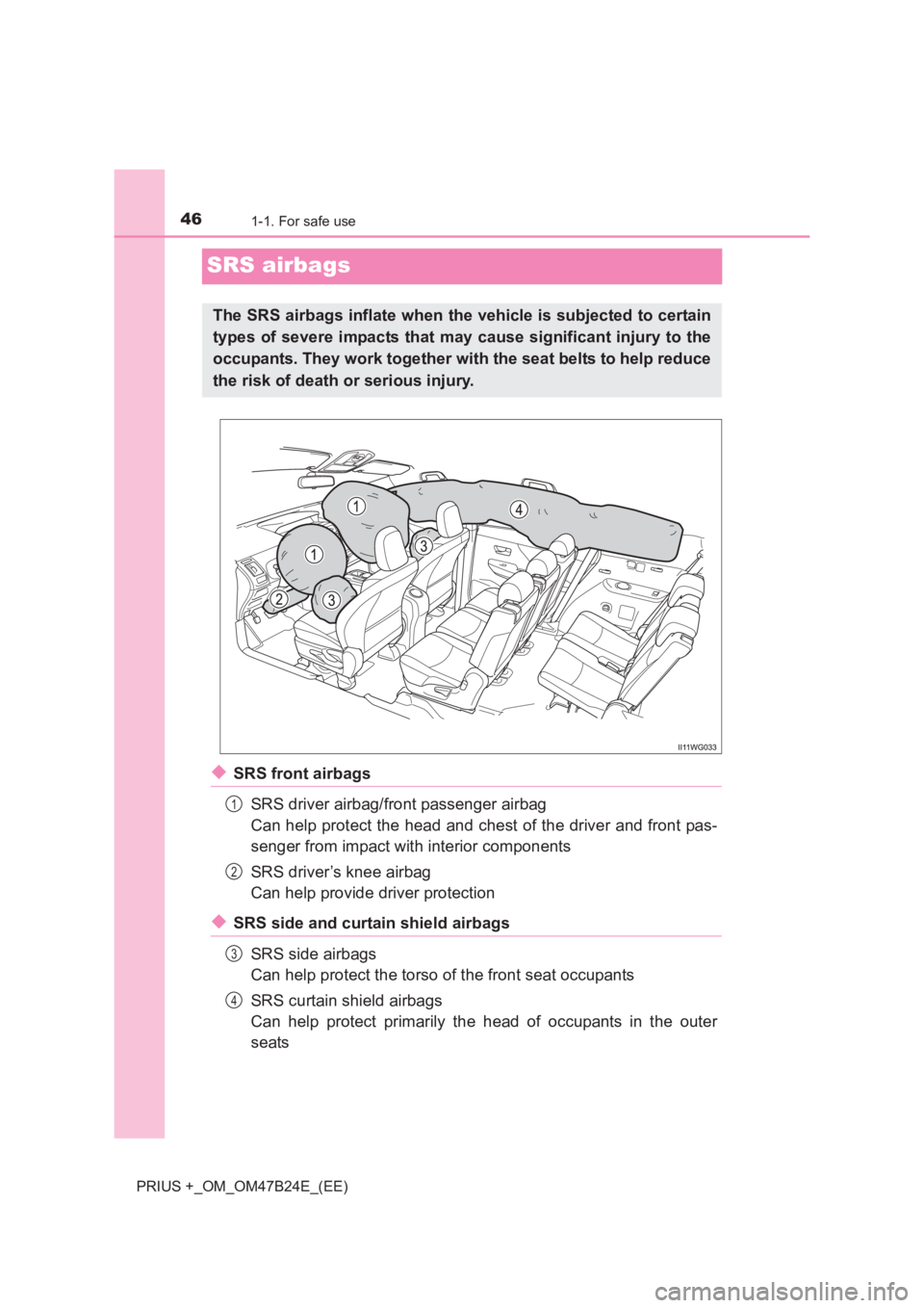 TOYOTA PRIUS PLUS 2017 Service Manual 461-1. For safe use
PRIUS +_OM_OM47B24E_(EE)
SRS airbags
◆SRS front airbagsSRS driver airbag/front passenger airbag
Can help protect the head and chest of the driver and front pas-
senger from impac