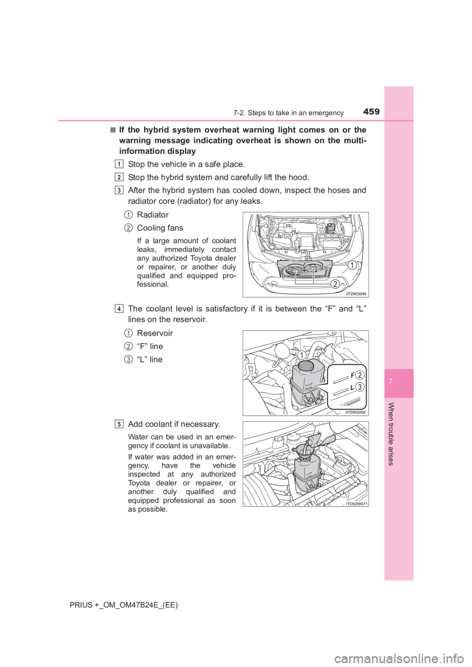 TOYOTA PRIUS PLUS 2017 Owners Manual 4597-2. Steps to take in an emergency
PRIUS +_OM_OM47B24E_(EE)
7
When trouble arises
■If the hybrid system overheat warning light comes on or the
warning message indicating overheat is shown on the TOYOTA PRIUS PLUS 2017 Owners Manual 4597-2. Steps to take in an emergency
PRIUS +_OM_OM47B24E_(EE)
7
When trouble arises
■If the hybrid system overheat warning light comes on or the
warning message indicating overheat is shown on the