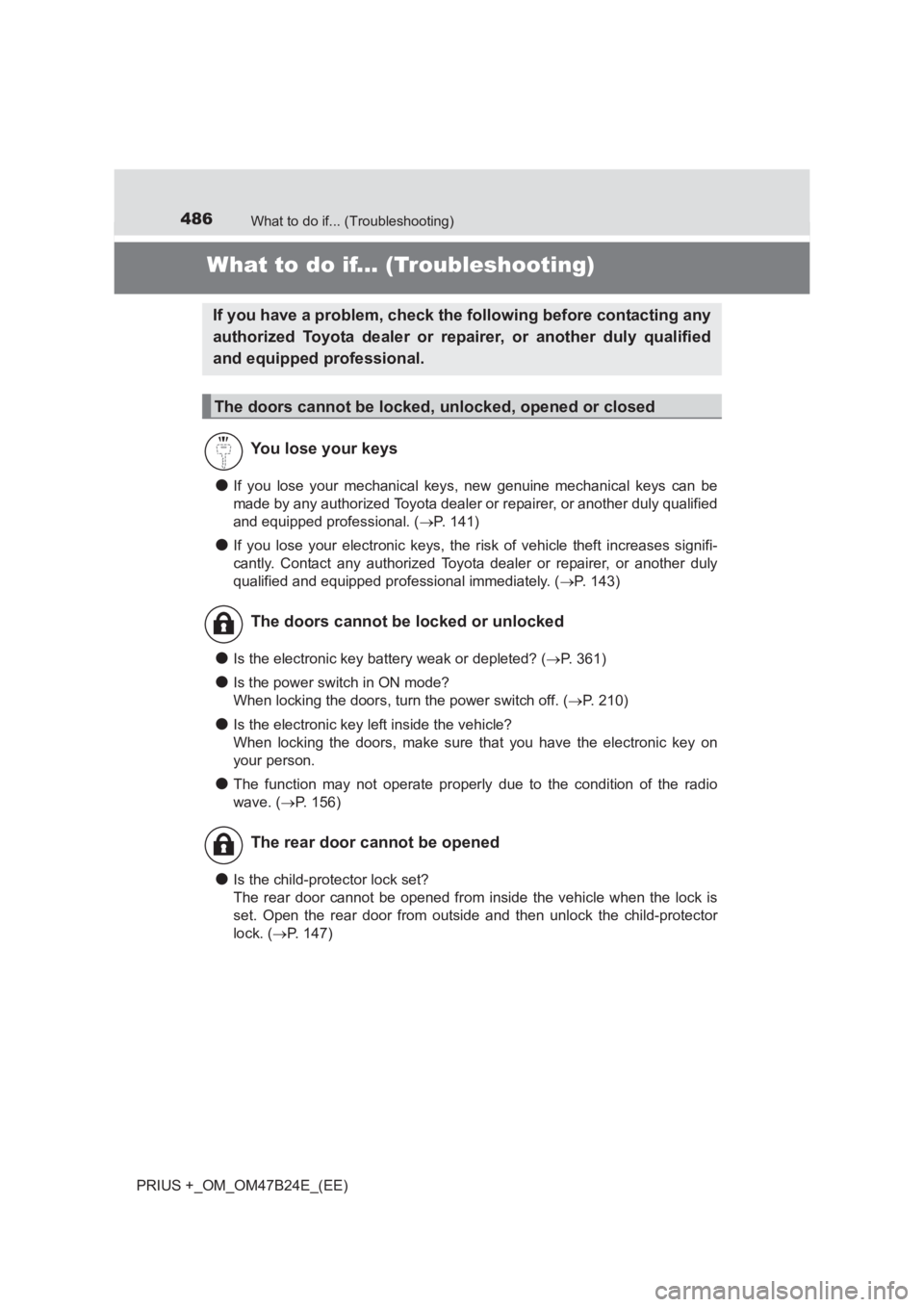 TOYOTA PRIUS PLUS 2017  Owners Manual 486What to do if... (Troubleshooting)
PRIUS +_OM_OM47B24E_(EE)
What to do if... (Troubleshooting)
●If you lose your mechanical keys, new genuine mechanical keys can be
made by any authorized Toyota 