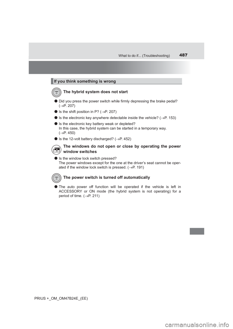 TOYOTA PRIUS PLUS 2017  Owners Manual 487What to do if... (Troubleshooting)
PRIUS +_OM_OM47B24E_(EE)
●Did you press the power switch while firmly depressing the brake pedal? 
(→ P. 207)
●Is the shift position in P? ( →P. 207)
●I